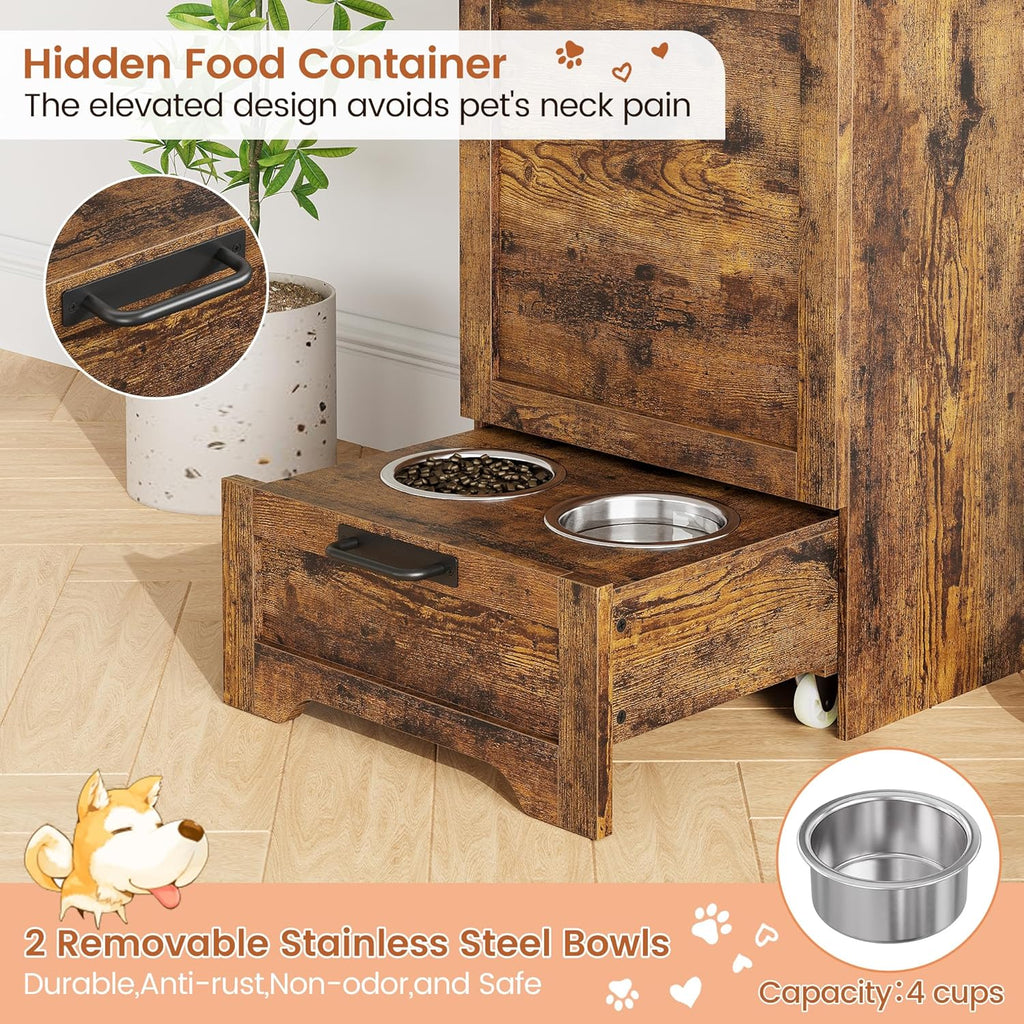 TrailBlaze Elevated Dog Feeding Station with Storage Cabinet – 2 Raised Bowls, Turnover Top Food Storage, 3 Accessory Hooks, Toy Shelf Organizer – Modern Farmhouse Pet Feeder for Large Dogs, Grey