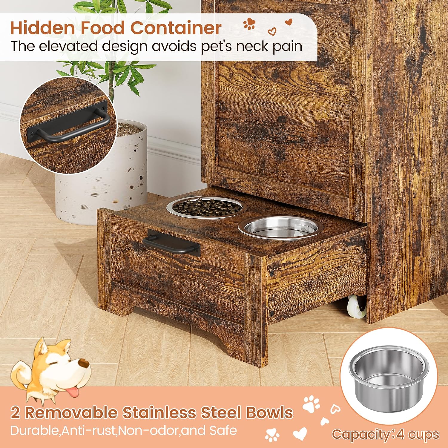 Dog Feeding Station with Storage - Large Capacity Dog Food Storage Cabinet with 2 Removable Stainless Steel Bowls, Flip Top Pet Food Container Toy Storage Organizer - Brown
