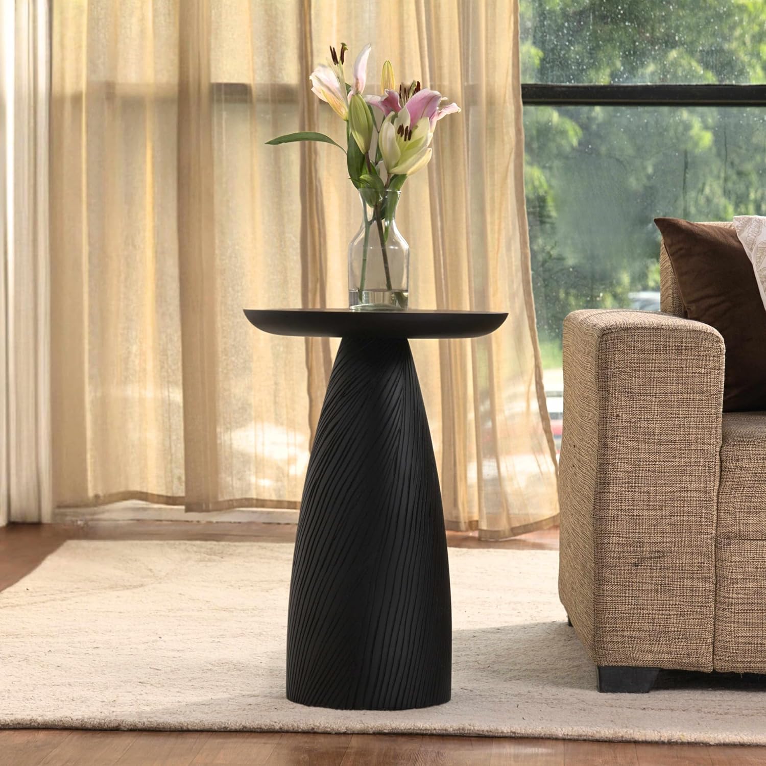 Modern Black & Walnut Wood Accent Table – Handcrafted Drum Pedestal Side Table for Living Room, Bedroom, or Office – Sleek Round Top with Textured Carved Base Black