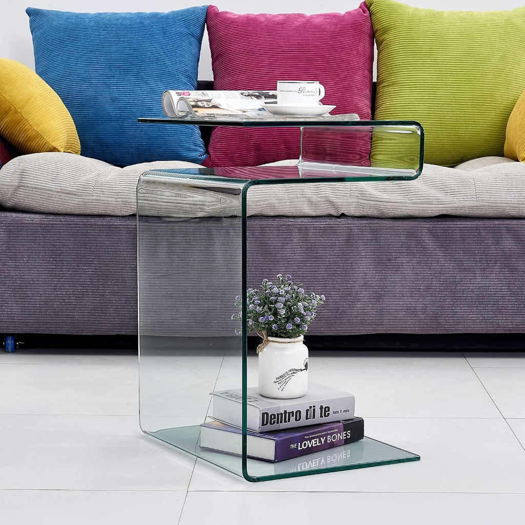 Glass Nightstand End Table, Clear S-Shaped Bedside Side Tables for Living Room, Sofa Bent Glass Table 16.55' D x 14.56' W x 24' H