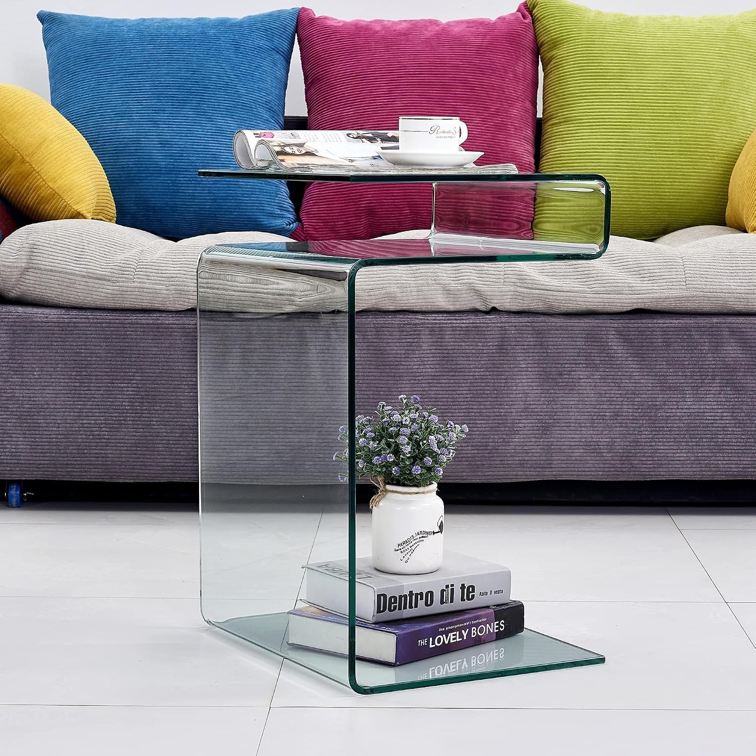 Glass Nightstand End Table, Clear S-Shaped Bedside Side Tables for Living Room, Sofa Bent Glass Table 16.55' D x 14.56' W x 24' H