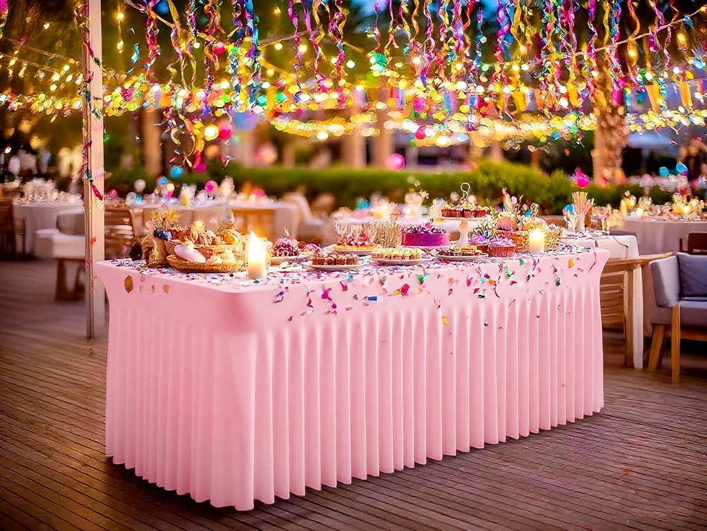 fani 6 Packs Pink Stretch Table Skirts for 8 Foot Rectangle Table, Washable Spandex Stretch Tablecloths with Skirt, Wrinkle Resistant Fitted Tablecover for Wedding Party Banquet
