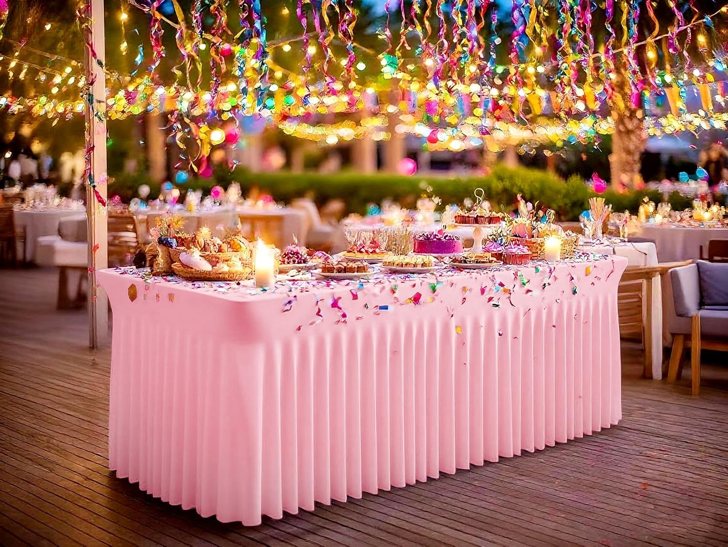 fani 6 Packs Pink Stretch Table Skirts for 8 Foot Rectangle Table, Washable Spandex Stretch Tablecloths with Skirt, Wrinkle Resistant Fitted Tablecover for Wedding Party Banquet