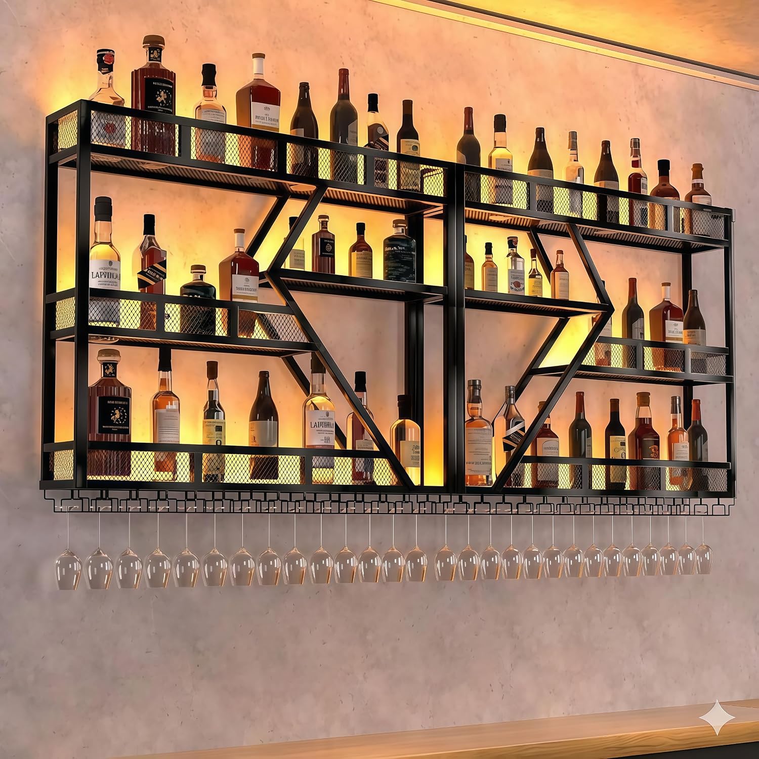 79in Wall Mounted Liquor Shelves with LED Lights, Industrial Metal Wall Bar Rack with Wine Glass Holder, Large Bottle Display Shelf for Home Kitchen (Black)