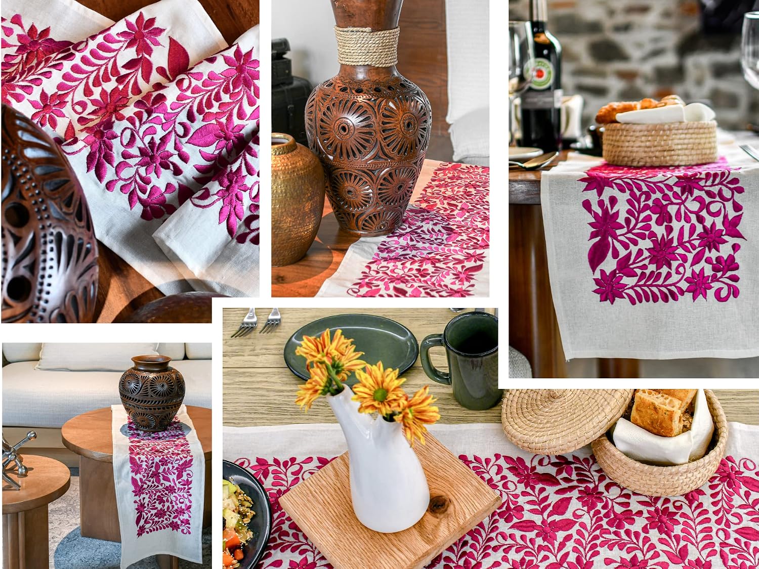 OR1GIN Handmade Table Runner, Premium Quality Silk Thread and Cotton, Mexican Design, Hand Embroidered by Artisans
