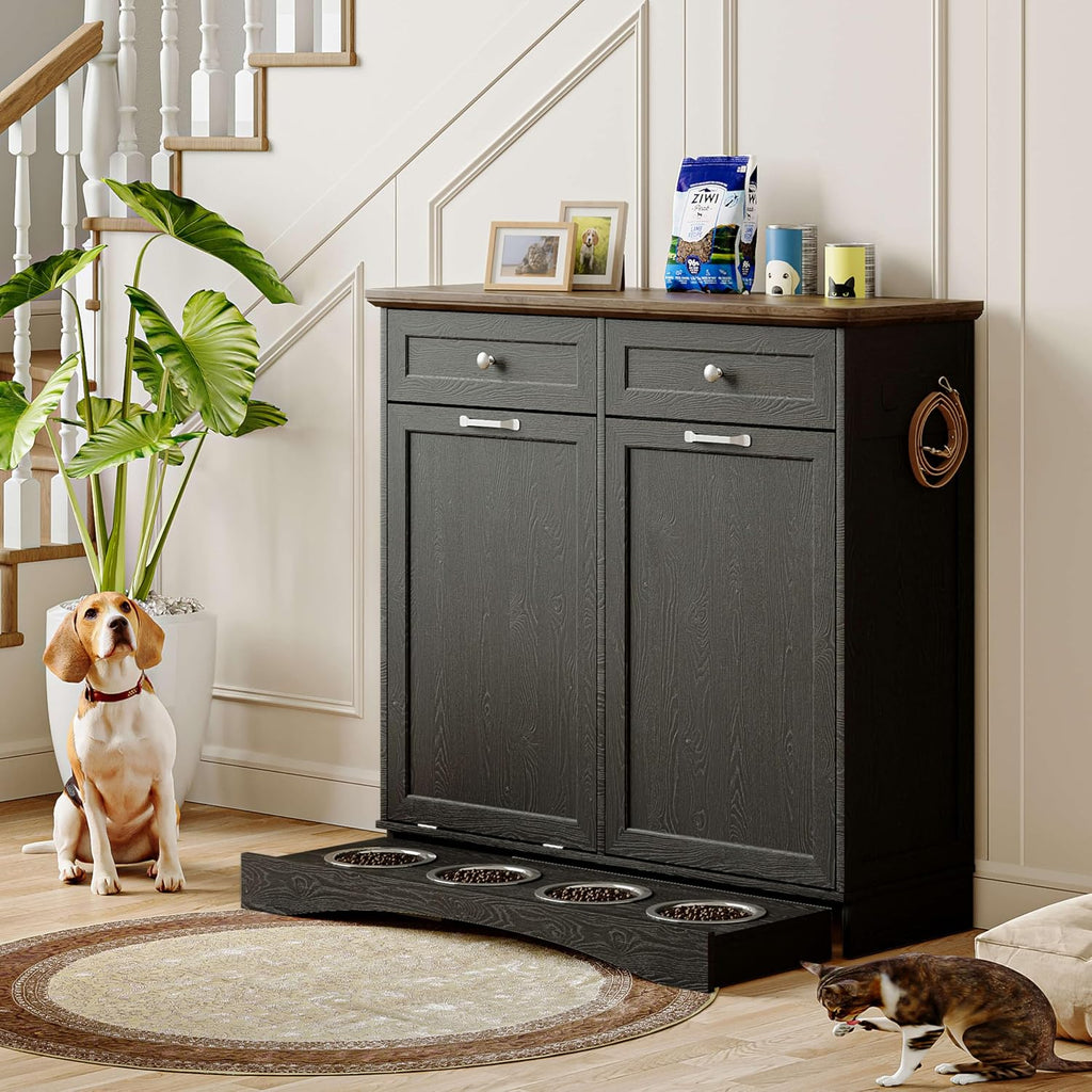 FIMELLO 39.7''W Dual Doors Dog Food Storage Cabinet, Tilt-Out Dog Feeding Station with 4 Feeding Bowls, Pet Feeder Cabinet, Black Grain