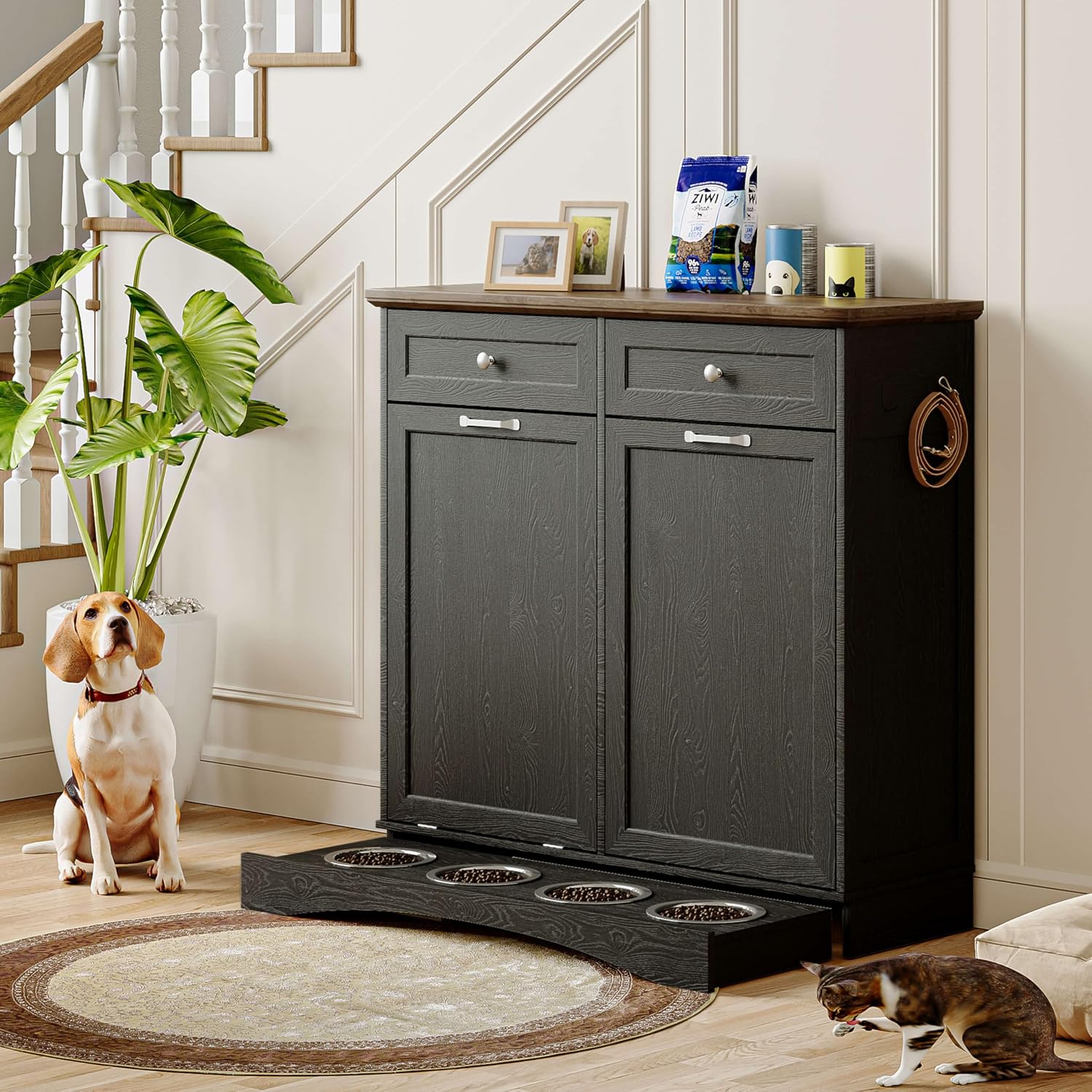 FIMELLO 39.7''W Dual Doors Dog Food Storage Cabinet, Tilt-Out Dog Feeding Station with 4 Feeding Bowls, Pet Feeder Cabinet, Black Grain