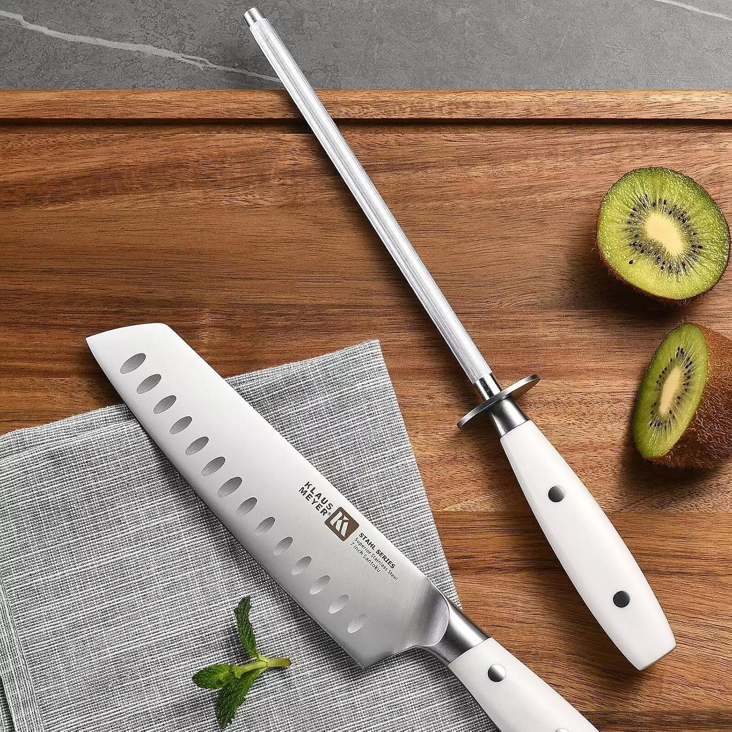 Klaus Meyer 19-Piece Knife Block Set, High Carbon German Stainless Steel (Stahl), Full-Tang Handles with Sharpener (White)
