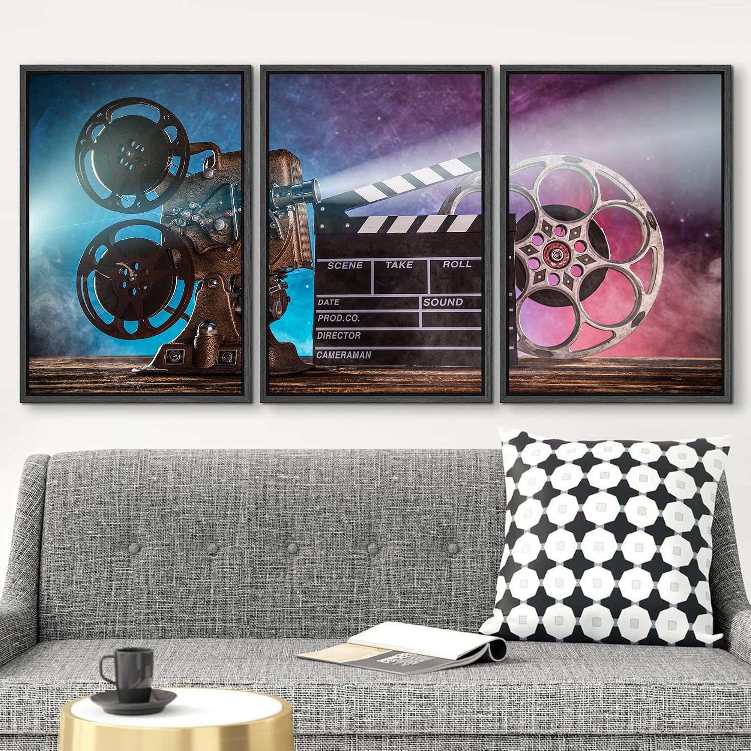 wall26 Framed Canvas Print Wall Art Set Hollywood Movie Projector Film Clapperboard Pop Culture Celebrities Photography Realism Decorative Scenic for Living Room, Bedroom, Office - 16'x24'x3 Black