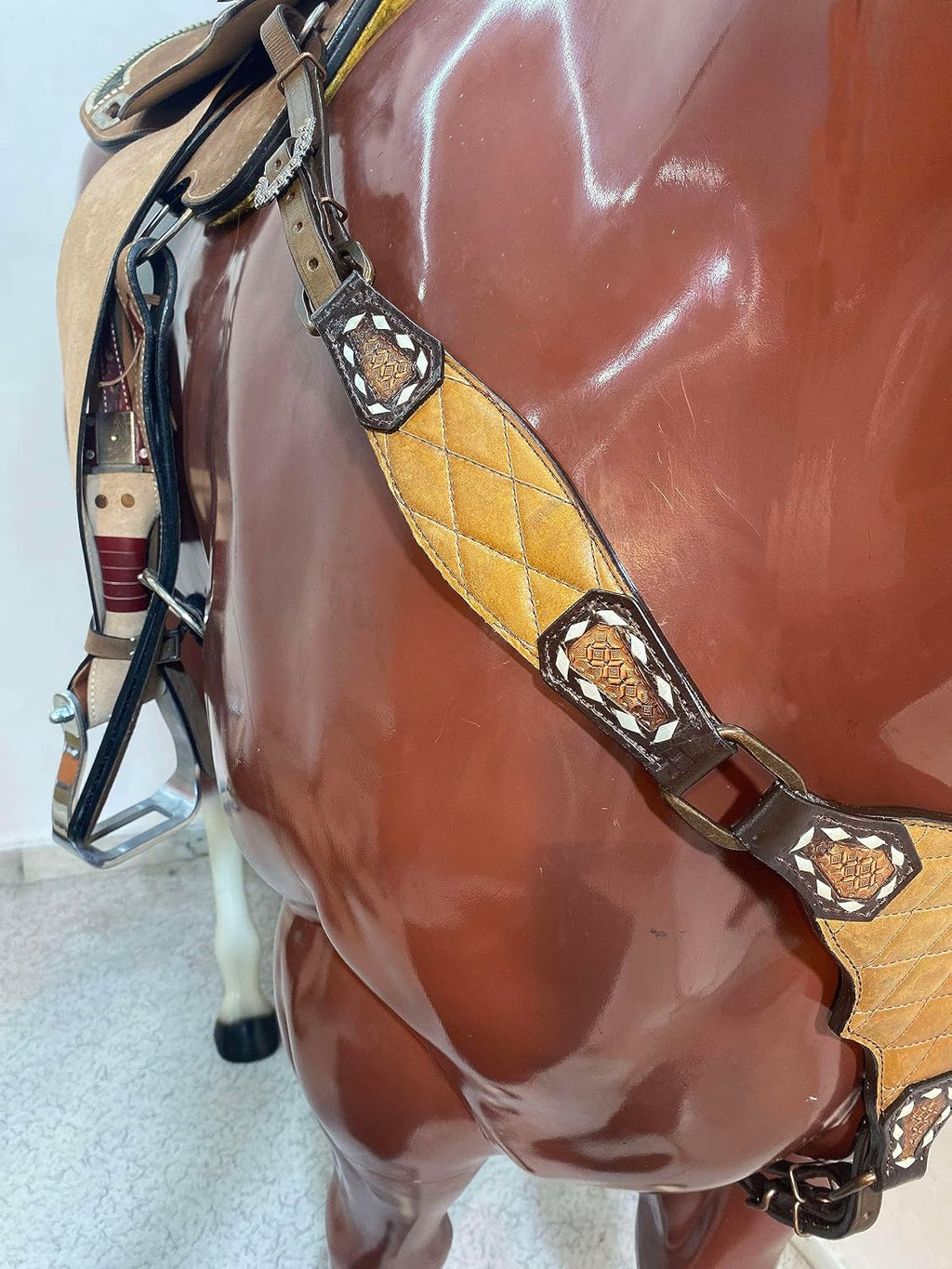 One Ear Western Headstall Bridle Breast Collar Set - Red Rivets and Copper Studs -Genuine Argentina Cow Leather