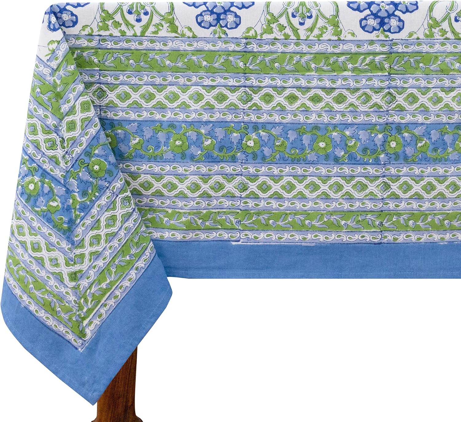 Home Spun & Crafts 72x190 Inches Rectangle Hand Block Printed Cotton Tablecloth, Green Blue Floral Table Cloths Washable, Indian Table Linen Thanksgiving Dining Fall Outdoor