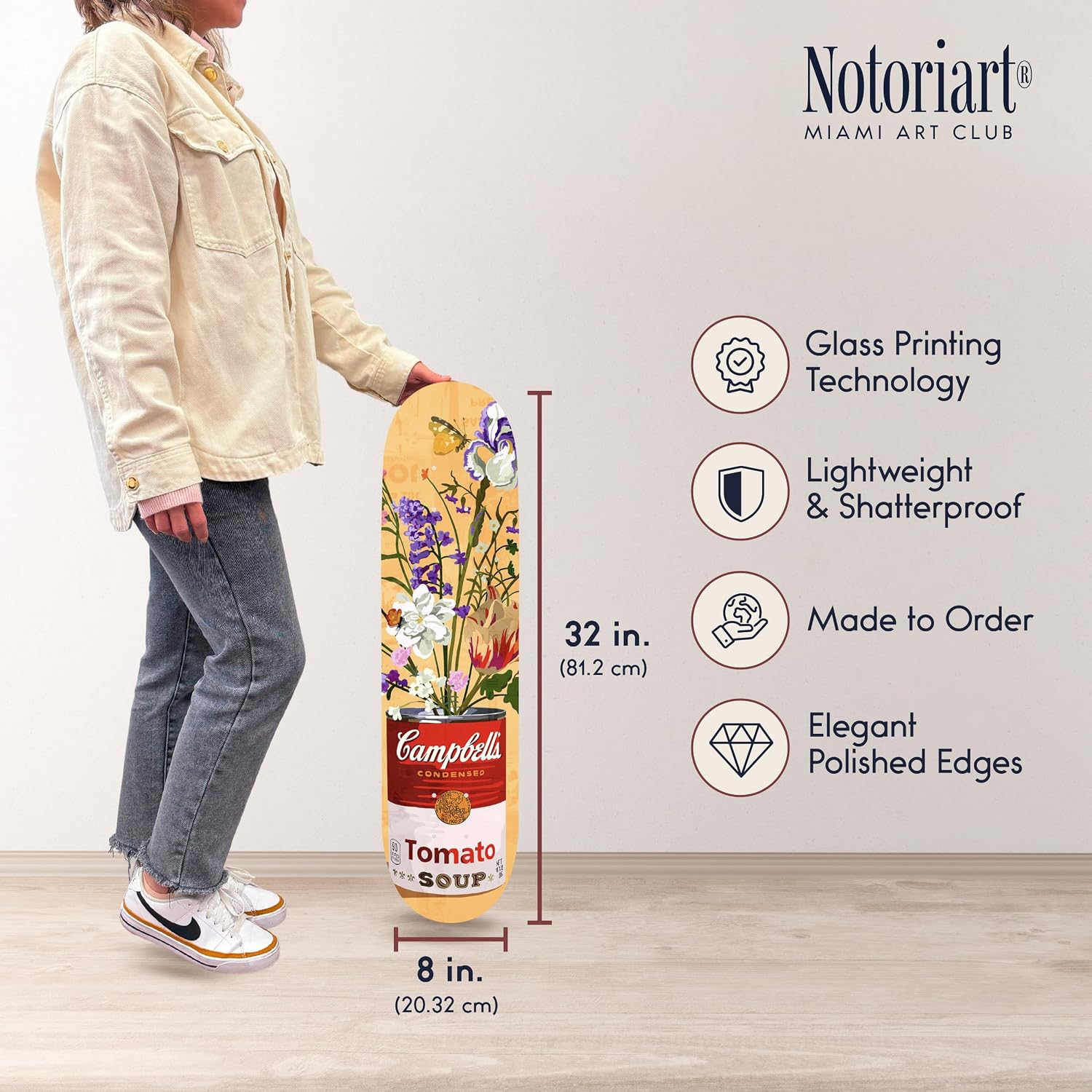 Trendy Pop Acrylic Wall Art Die-Cut Easy-to-Hang, 1 Panel 8' x 32', Floral Soup Can Skateboard
