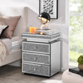 Mirrored Nightstand with 3 Drawers, Silver Nightstand with Crystal Inlay, Mirror End Table, Modern Bedside Table, Glass Table for Bedroom