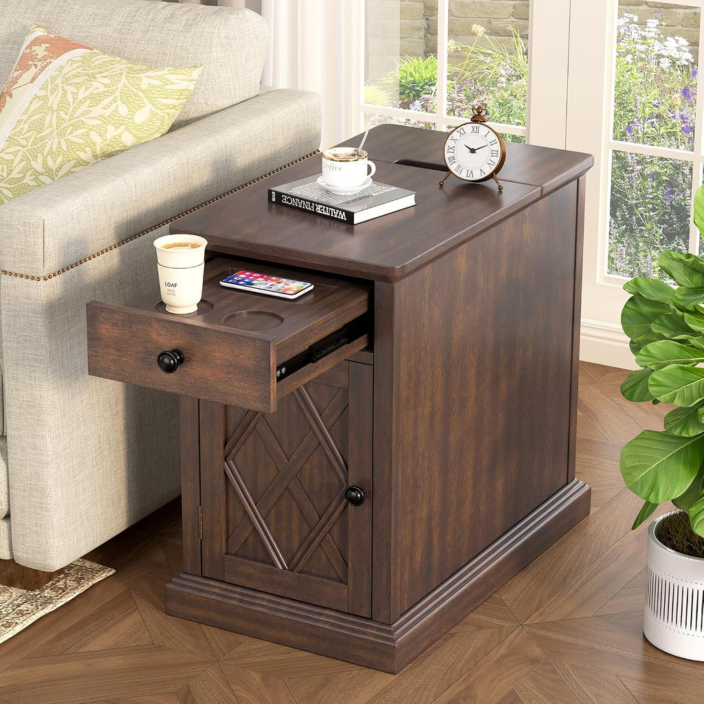 Multifunctional Classic Vintage End Table with USB Ports and 1 Drawer with Cup Holders, Sofa Side Narrow Table with Storage, Bedside Nightstand for Living Room Bedroom (Antique Espresso-4.3)