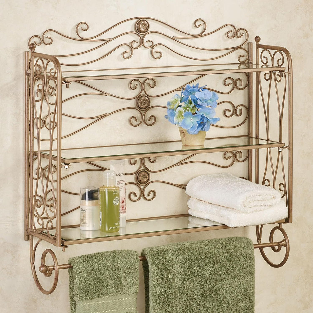 Touch of Class Kadalynn Wall Shelf with Towel Bar - Satin Gold - Handcrafted Metal - Decorative Storage - Mounted Rack Organizer for Bathroom - 3 Shelves - 24 Inches High