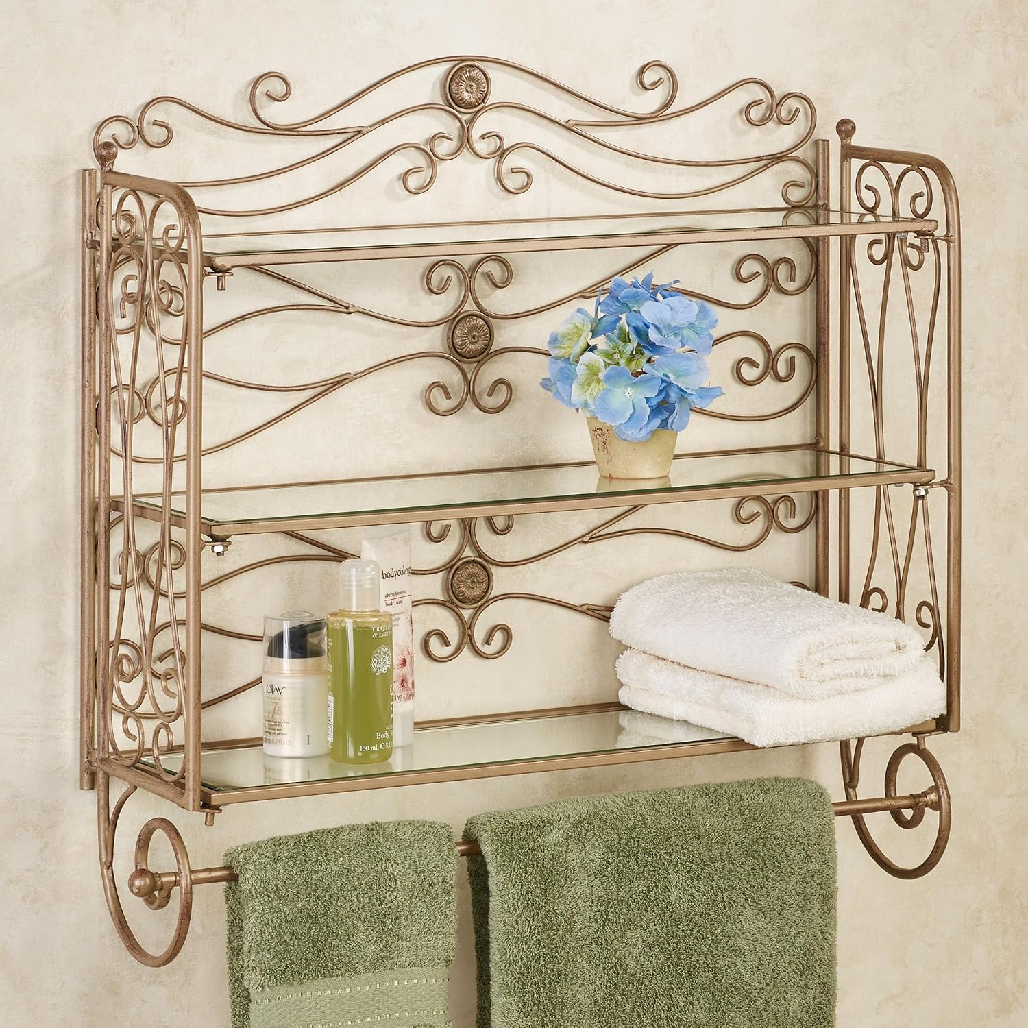Touch of Class Kadalynn Wall Shelf with Towel Bar - Satin Gold - Handcrafted Metal - Decorative Storage - Mounted Rack Organizer for Bathroom - 3 Shelves - 24 Inches High