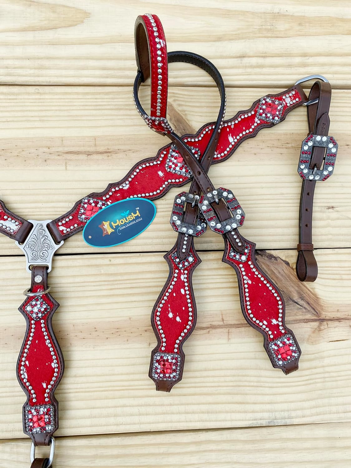 Western Leather Headstall & Breast Collar Set for Horses - Valentine's Day Silver Metallic Cowhide with Rhinestones