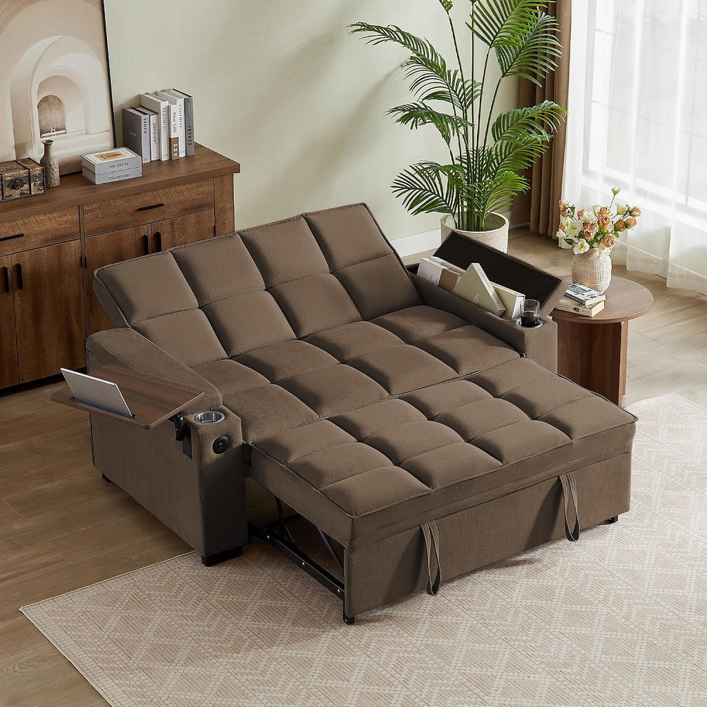 Auvsoce 65'' Chaise Lounge Chair Indoor, 3-in-1 Convertible Sofa Bed with Pull Out Design, 360° Swivel Side Table, Modern Chenille Couch Bed for Living Room