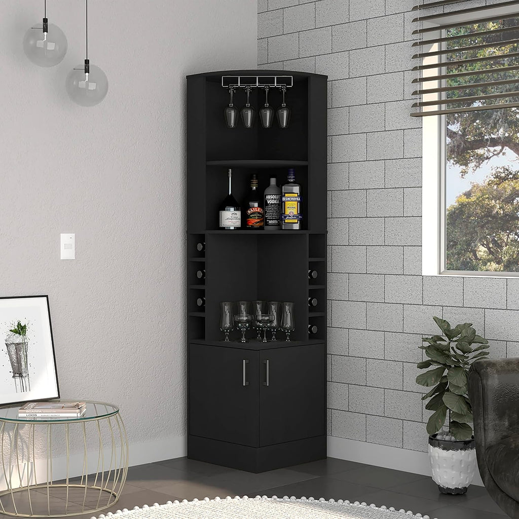 Cairo Corner Bar Cabinet with Glass Rack, Multiple Shelves, and 8 Wine Cubbies, Black – Home Bar Wine & Liquor Storage Cabinet for Home Bar, Living Room & Dining Room
