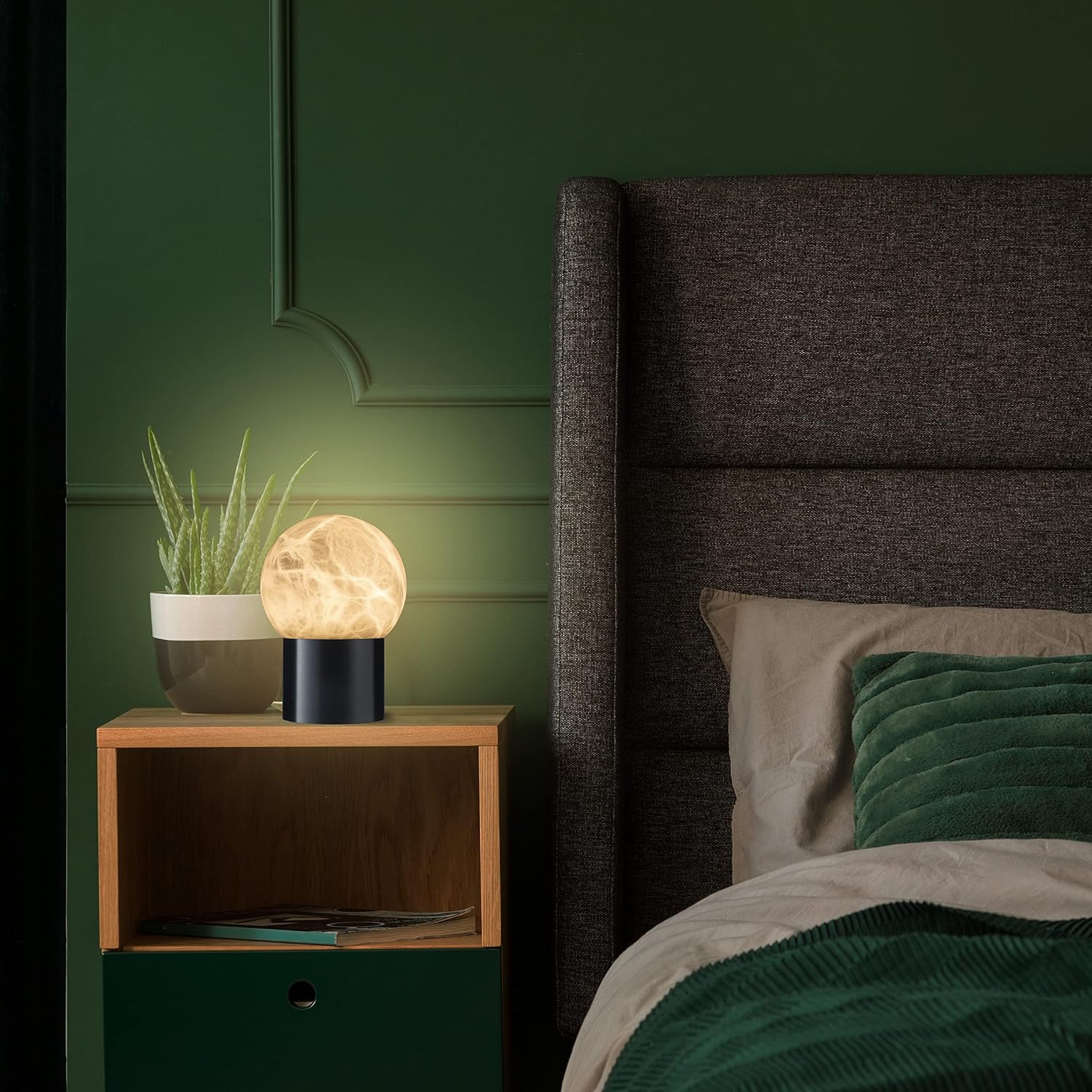 Handcrafted Natural Alabaster Unique Stone Table Lamp with Metal Stand, Mini LED Modern Stone Box Desk Lamp with Unique Veining(3.93x5.5 Inch)