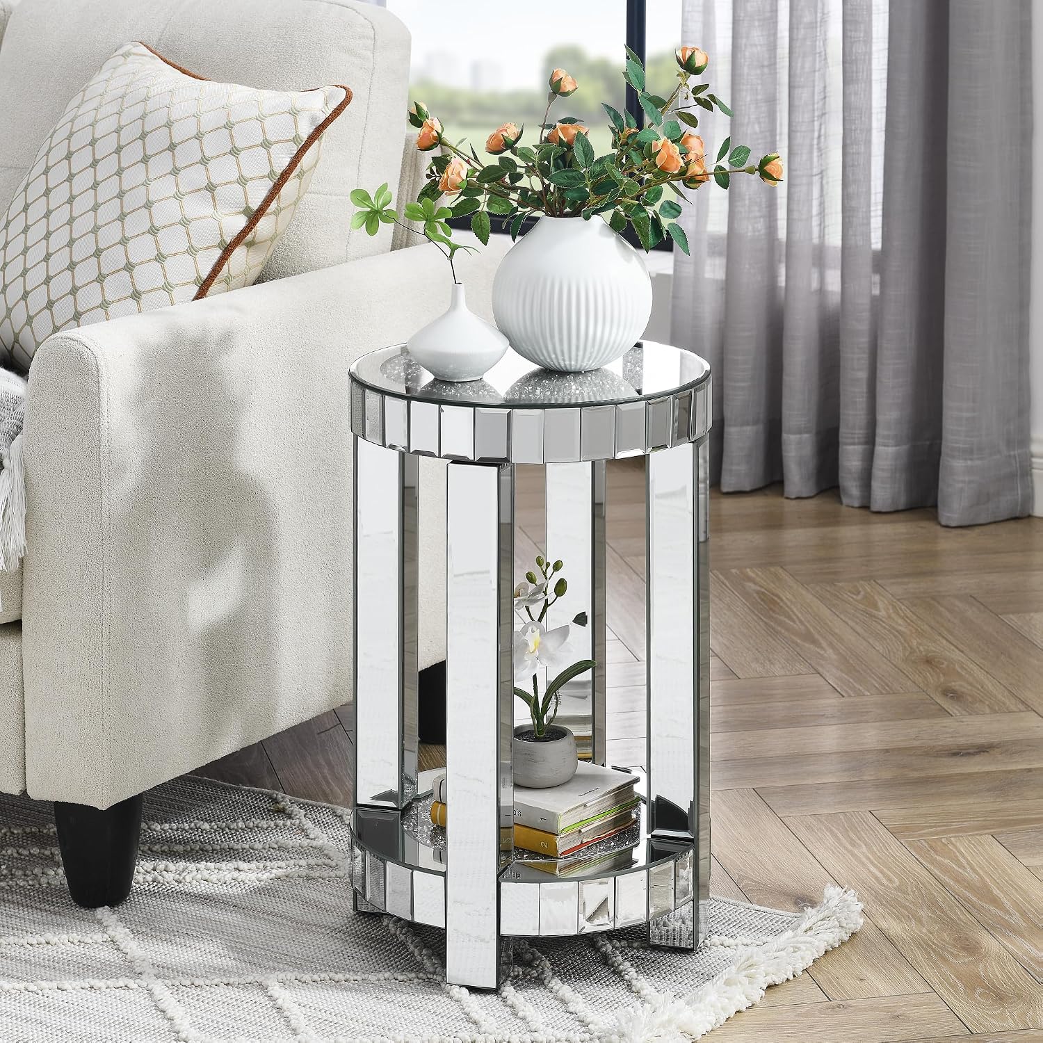 Mirrored Round End Table with Crystal, 2-Layer Modern Small Sofa Table with Storage Space, Silver Decorative Table for Living Room, Bedroom