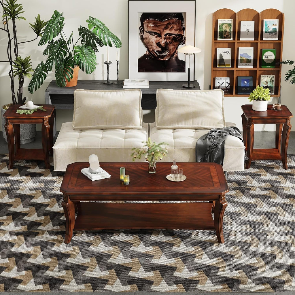 Large Coffee Table with Shelf for Living Room, Rectangle Solid Wood Cocktail Table with Open Storage Shelf, Mid-Century Modern Sofa Center Tables, 47.2'L x 23.6'W x 17.9'H, Cherry Brown KFZ-A1168-WD