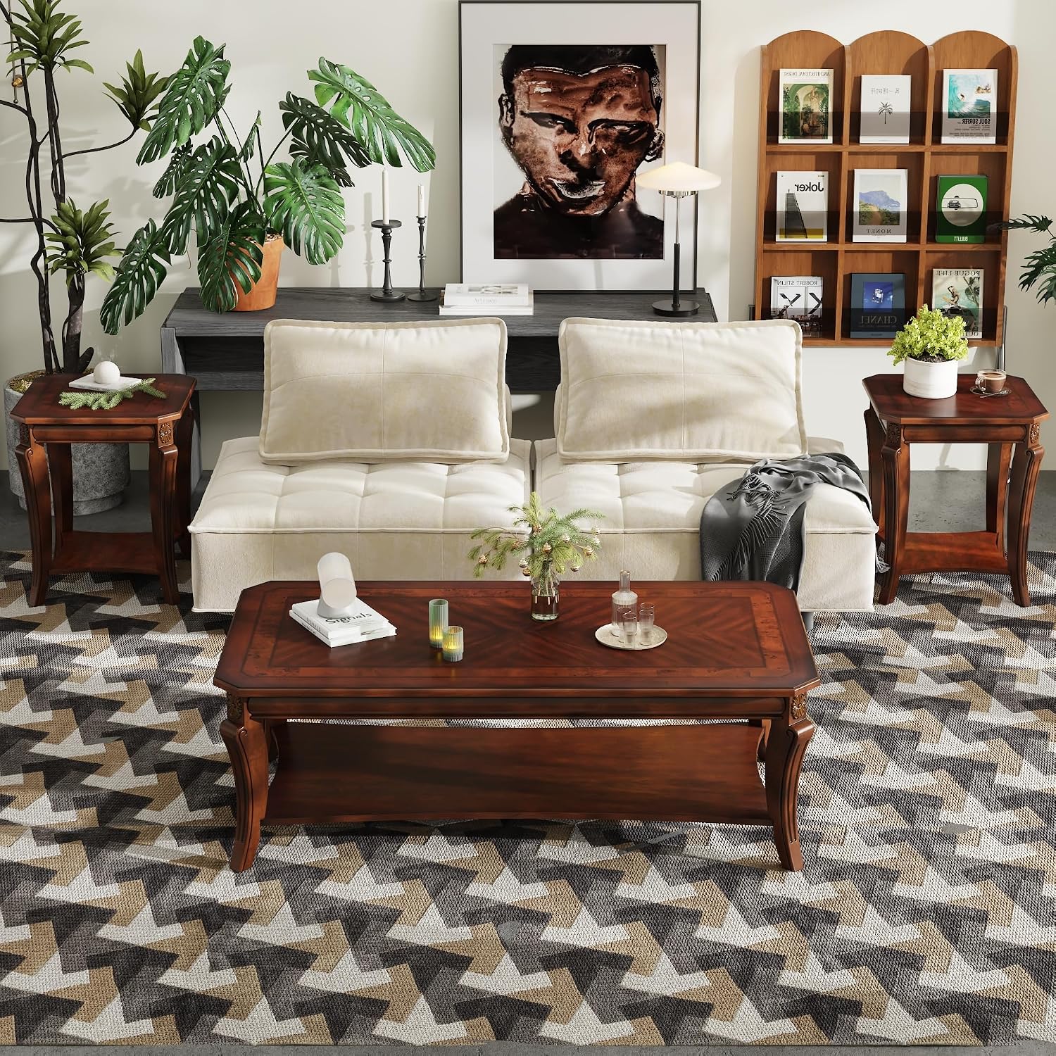 Large Coffee Table with Shelf for Living Room, Rectangle Solid Wood Cocktail Table with Open Storage Shelf, Mid-Century Modern Sofa Center Tables, 47.2'L x 23.6'W x 17.9'H, Cherry Brown KFZ-A1168-WD