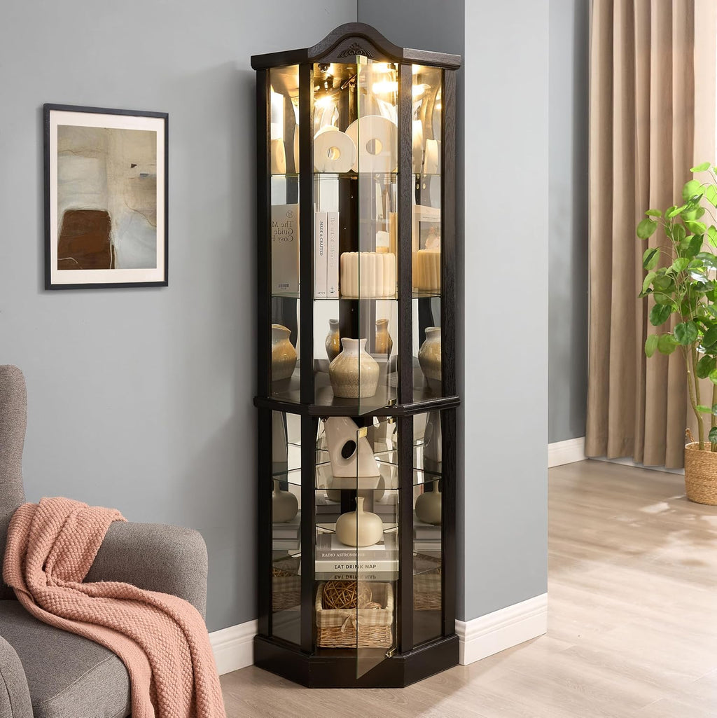 KEIKI 72' Corner Glass Display Cabinet with Adjustable Shelves, for Collectibles, Storage Curio Cabinet with Arched Floral Carving Decoration, 6-Tier Showcase Display Case, for Living Room, Black