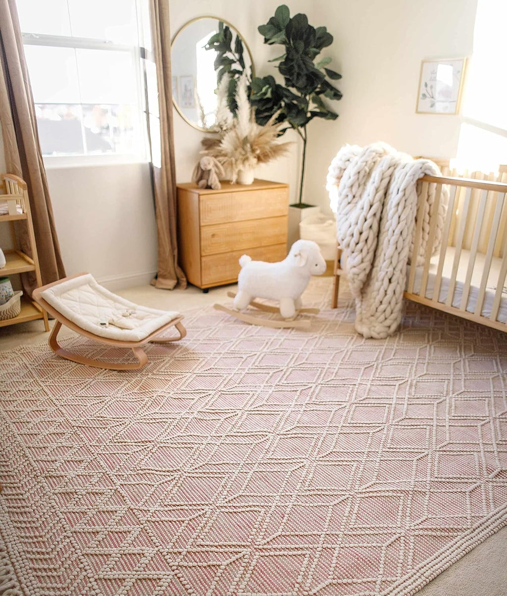 BoutiqueRugs Pink Trellis Transitional Wool 10ft Runner Rug Hand Woven Ivory Diamond Traditional Ramsbury Hallway Kitchen Corridor Stairway Laundry Room 2'6' x 10' Stain Resistant Non-Shedding