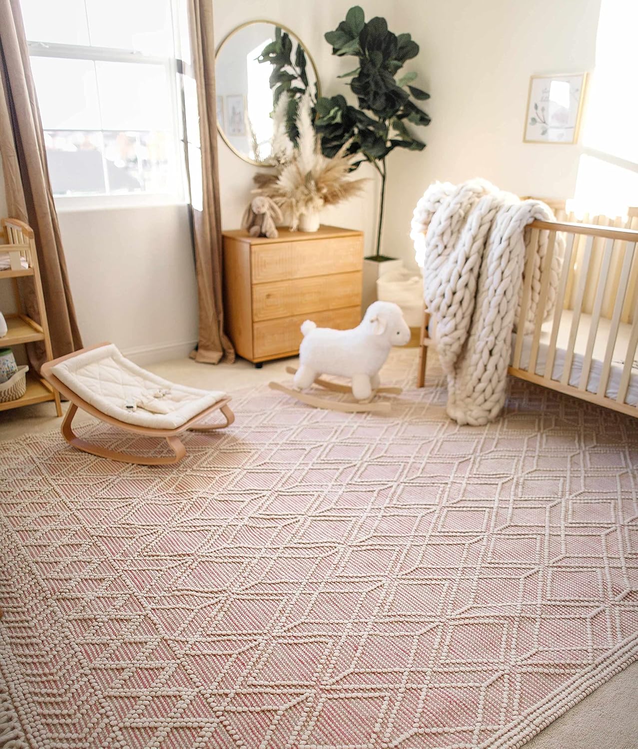 BoutiqueRugs Pink Trellis Transitional Wool 12ft Runner Rug Hand Woven Ivory Diamond Traditional Ramsbury Hallway Kitchen Corridor Stairway Laundry Room 2'6' x 12' Stain Resistant Non-Shedding