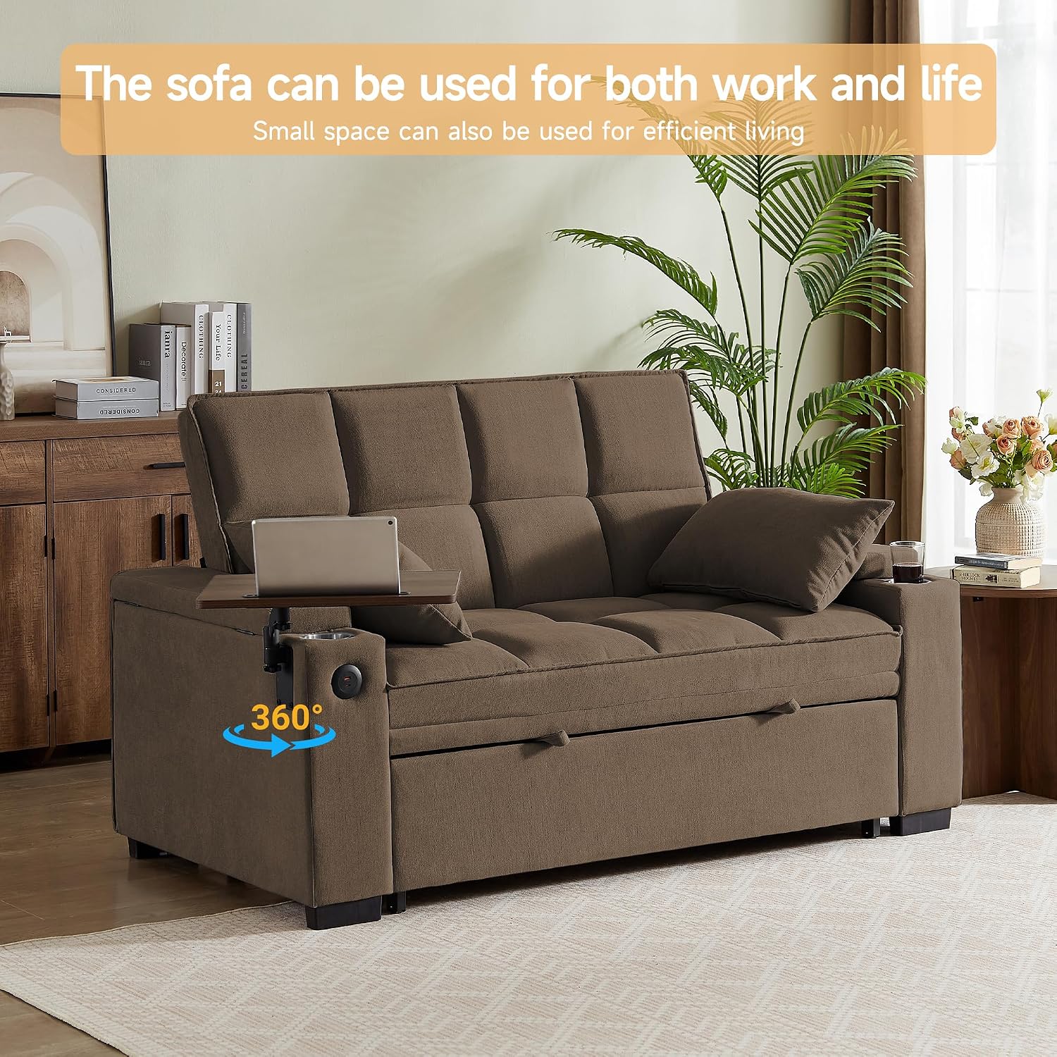 Auvsoce 65'' Chaise Lounge Chair Indoor, 3-in-1 Convertible Sofa Bed with Pull Out Design, 360° Swivel Side Table, Modern Chenille Couch Bed for Living Room