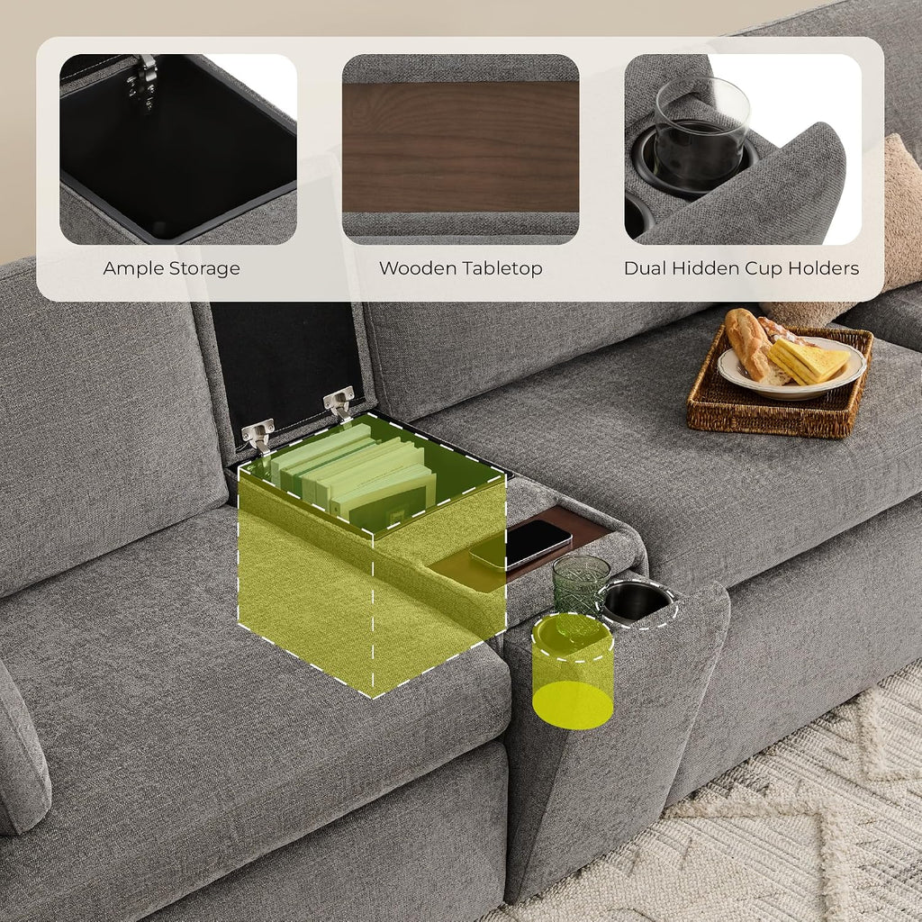 CHITA Versatile Storage Console for Modular Sofa, Multifunctional Side Table with Dual Cup Holders, Table, No Need Assembly, Grey
