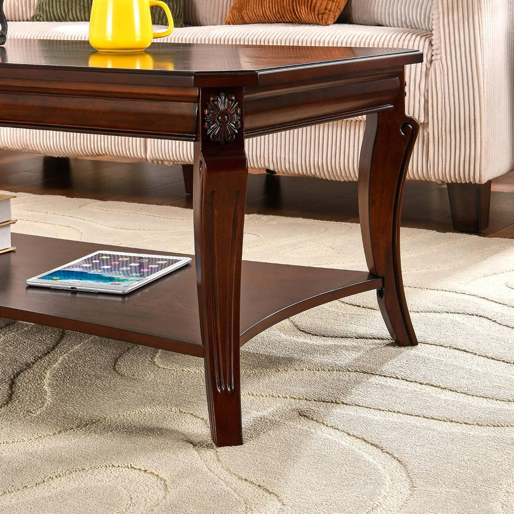 Large Coffee Table with Shelf for Living Room, Rectangle Solid Wood Cocktail Table with Open Storage Shelf, Mid-Century Modern Sofa Center Tables, 47.2'L x 23.6'W x 17.9'H, Cherry Brown KFZ-A1168-WD