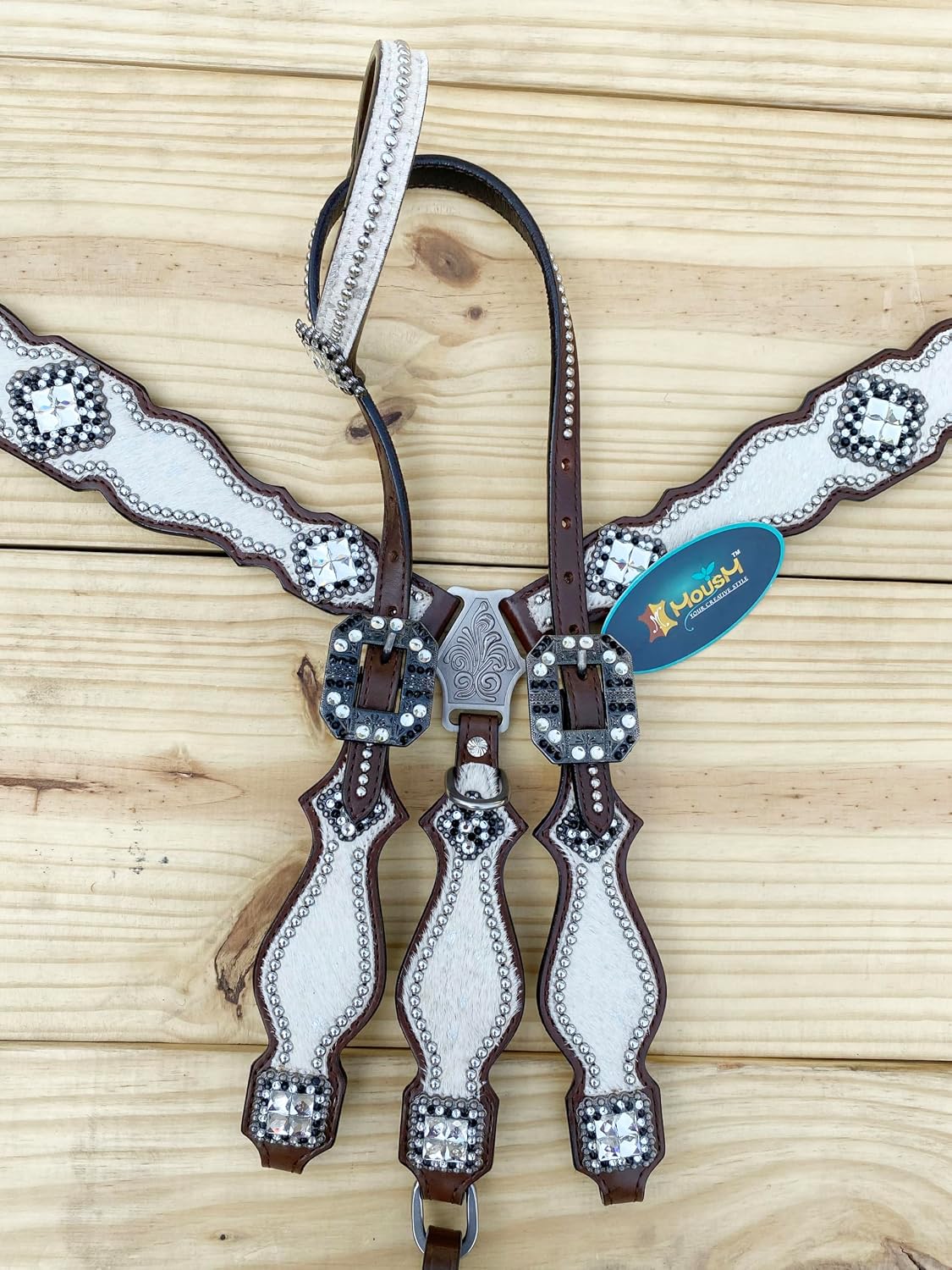 Western Leather Headstall & Breast Collar Set for Horses - Valentine's Day Silver Metallic Cowhide with Rhinestones