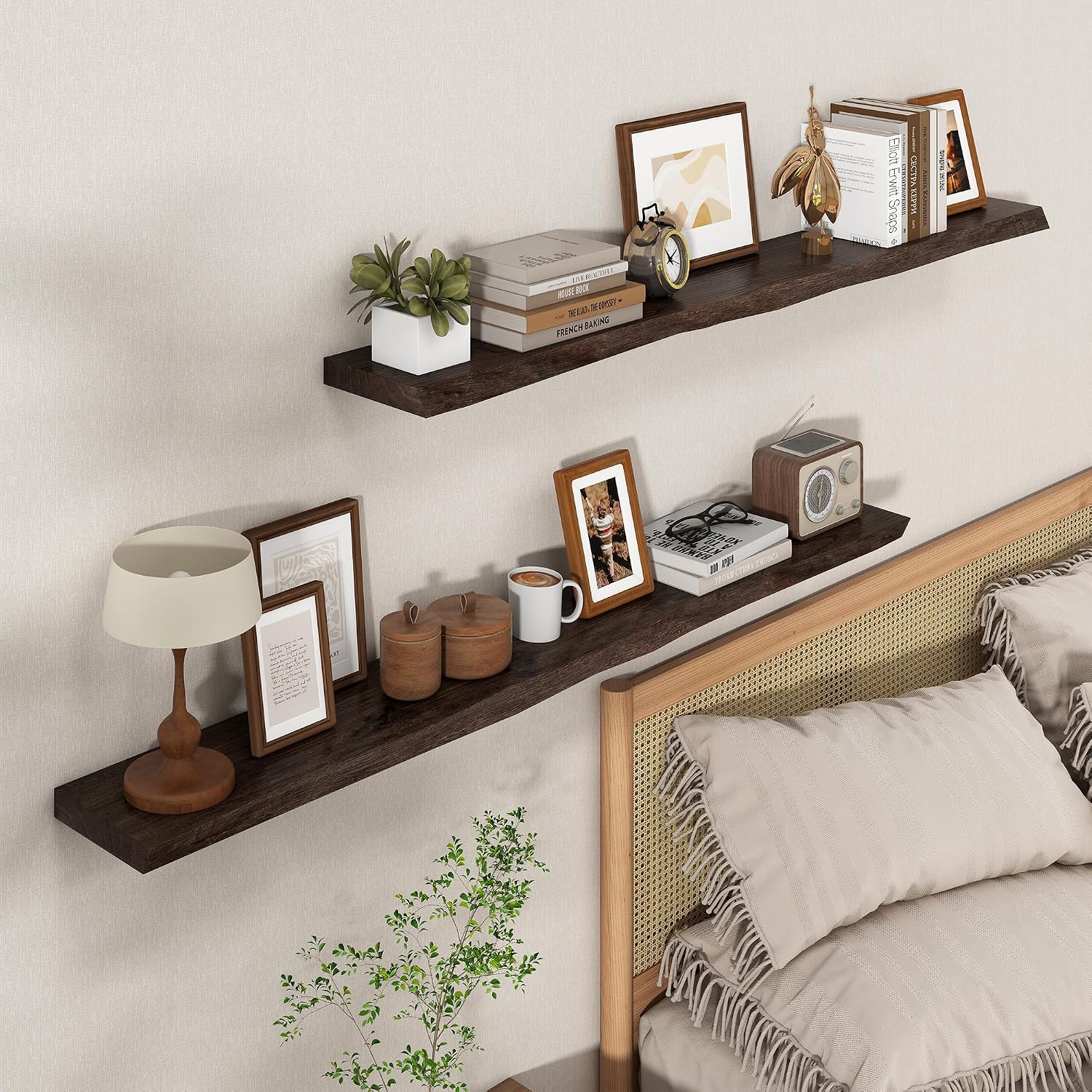 Axeman 55 inch Floating Shelves for Wall - 8'' D Live Edge Rustic Solid Elm Wood Floating Shelves Wall Mounted, Hanging Shelves with Invisible Bracket for Living Room Bedroom Kitchen, Walnut