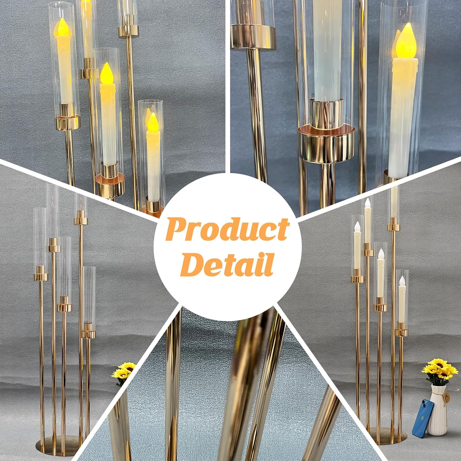 6 Set 5 Arms Golden Candle Holder with Acrylic Lampshade, 41.3'' Tall Candlesticks Holder for Christmas Wedding Housewarming Gift,Metal Candle Holders Candlestick Centerpiece,Fit 0.87'' LED Candle