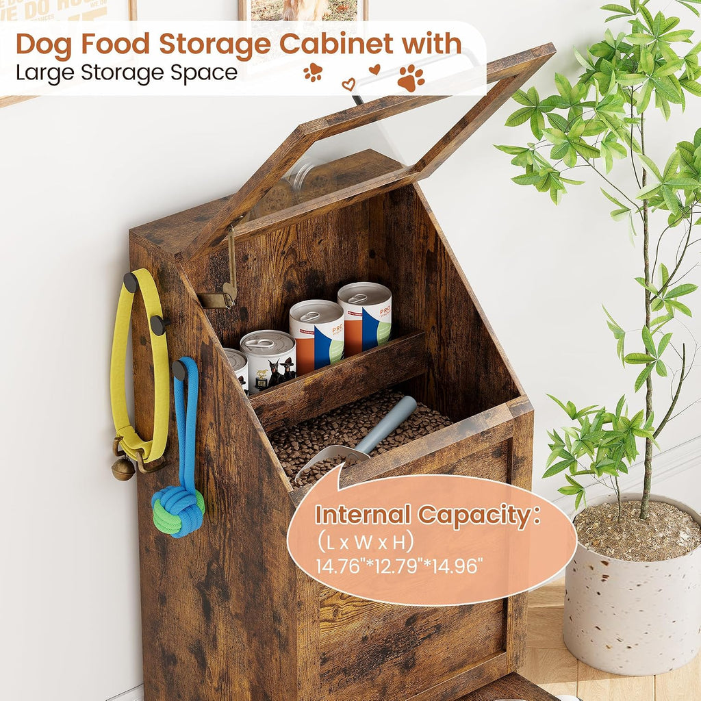 TrailBlaze Elevated Dog Feeding Station with Storage Cabinet – 2 Raised Bowls, Turnover Top Food Storage, 3 Accessory Hooks, Toy Shelf Organizer – Modern Farmhouse Pet Feeder for Large Dogs, Grey