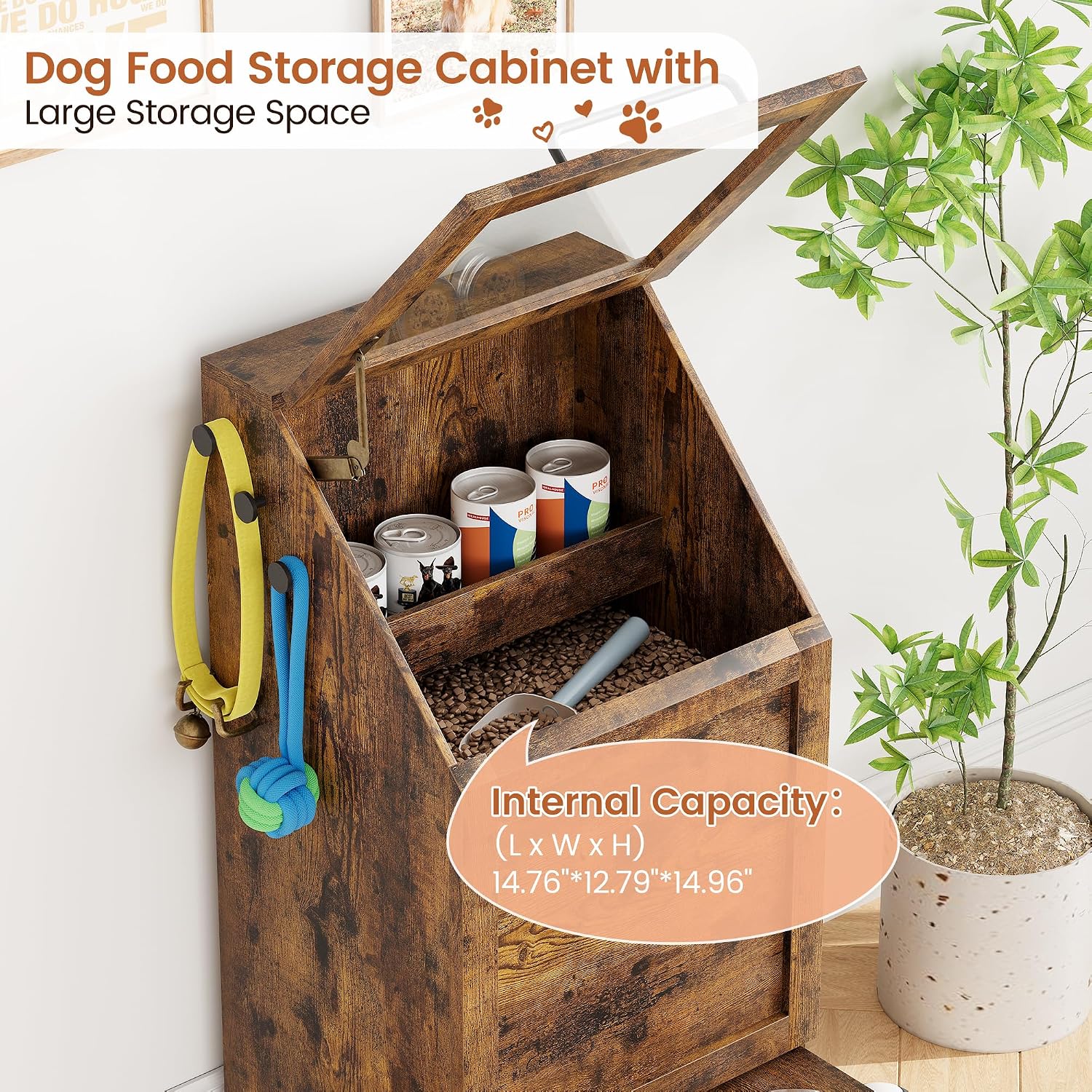 TrailBlaze Elevated Dog Feeding Station with Storage Cabinet – 2 Raised Bowls, Turnover Top Food Storage, 3 Accessory Hooks, Toy Shelf Organizer – Modern Farmhouse Pet Feeder for Large Dogs, Grey
