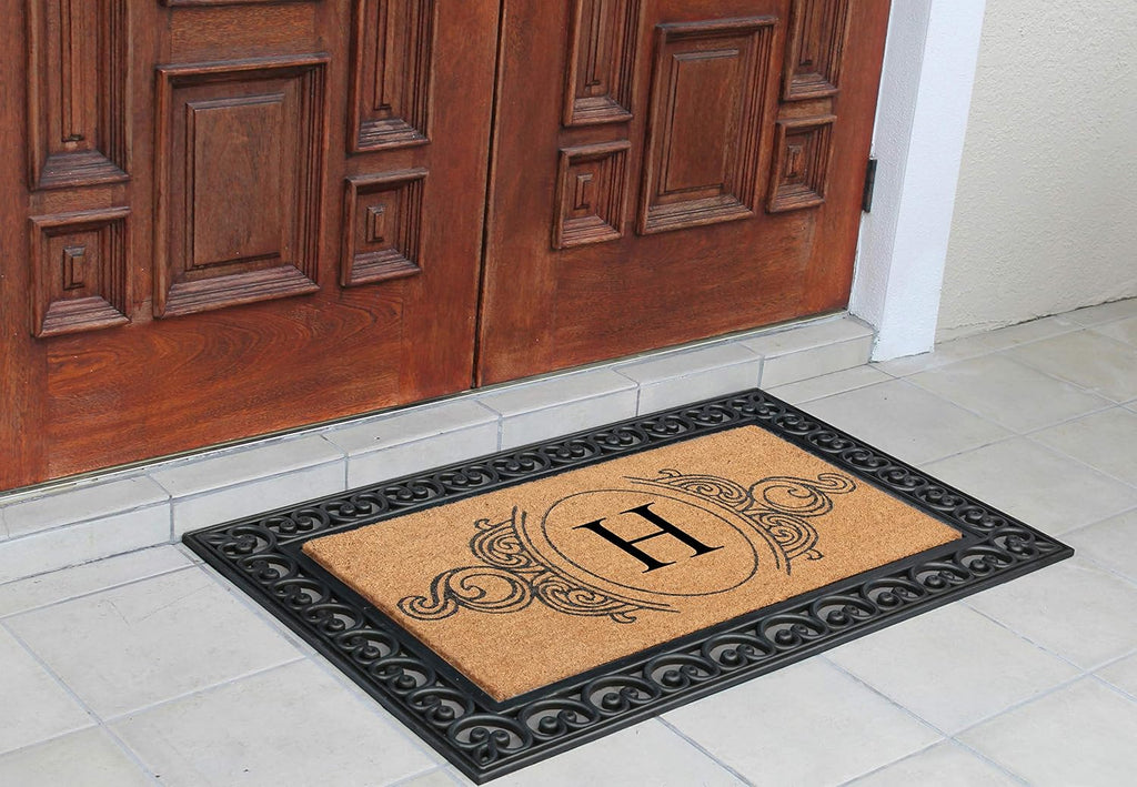 A1HC Natural Coir Monogrammed Doormat 30'x48', Anti-Shed Treated Durable Front Door Mat for Outside Entrance, Heavy Duty, Low Profile, Easy to Clean, Long Lasting Entrymat - H, Floral Black