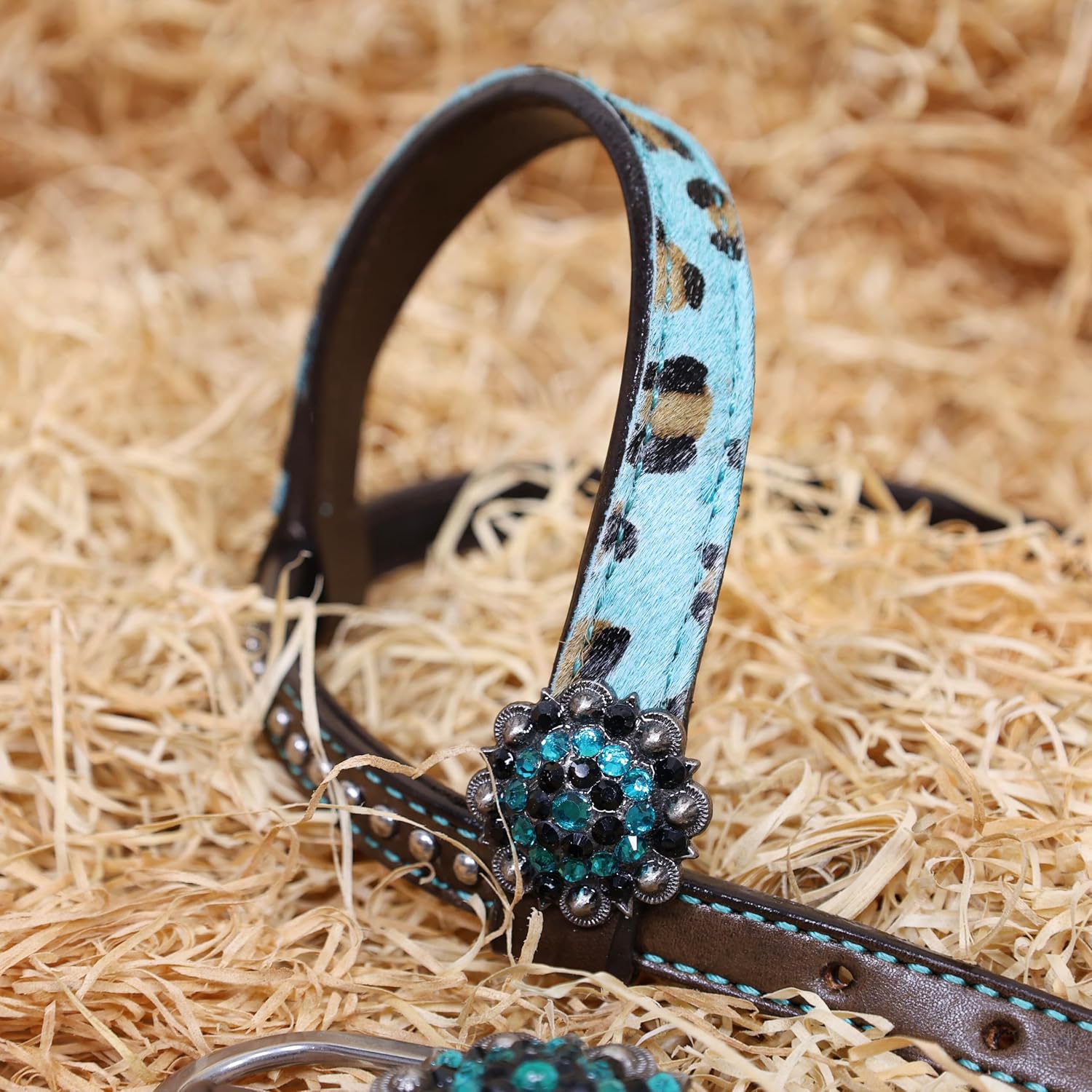 Cheetah Headstall & Breast Collar Tack Set – Gladiator Style with Leopard Print on Leather | Genuine Argentine Cow Leather | Antique Nickel Hardware & Copper Rivet Buckles
