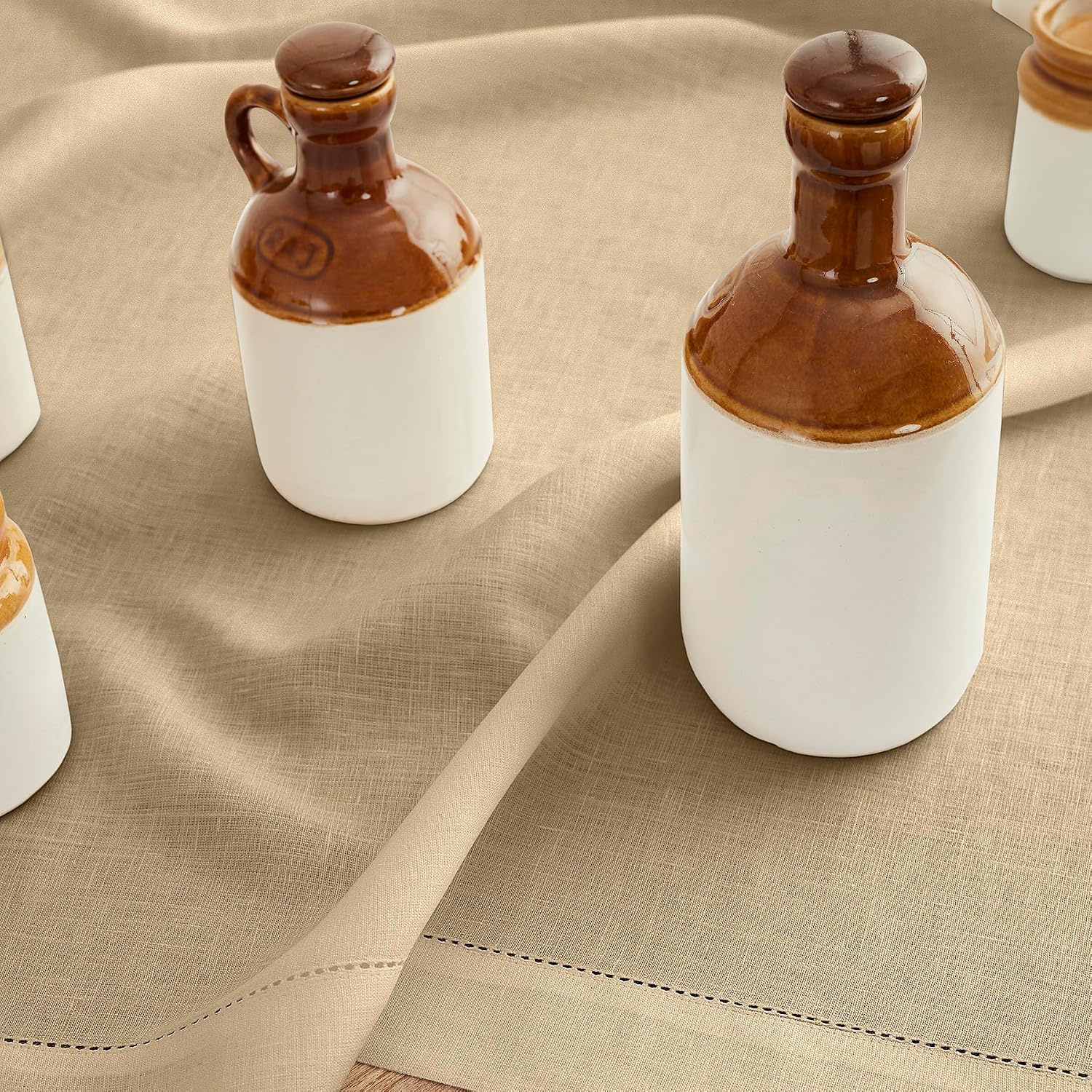 Solino Home Beige Linen Tablecloth 60 x 120 Inch - Classic Hemstitch, 100% Pure Linen Rectangular Tablecloth - Machine Washable Table Cloth for Summer