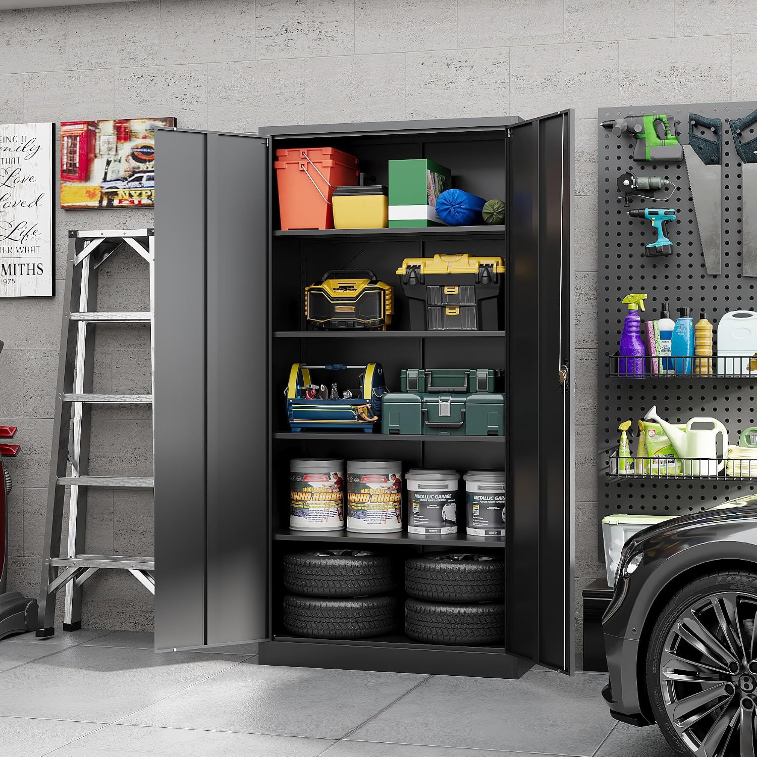 Yizosh Metal Garage Storage Cabinet with Lock, 71' Locking Tool Cabinet with 2 Doors and 4 Shelves, Tall Steel Cabinet for Garage, Heavy Duty File Cabinet for Office, School (Black)