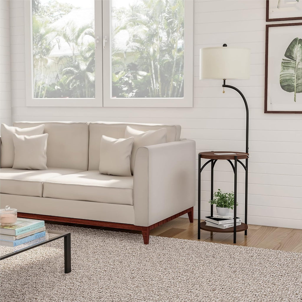 Floor Lamp with End Table - Modern Rustic Side Shelves with USB Charging Port, LED Light Bulb, and Drum-Shaped Shade - Standing Lights by Lavish Home