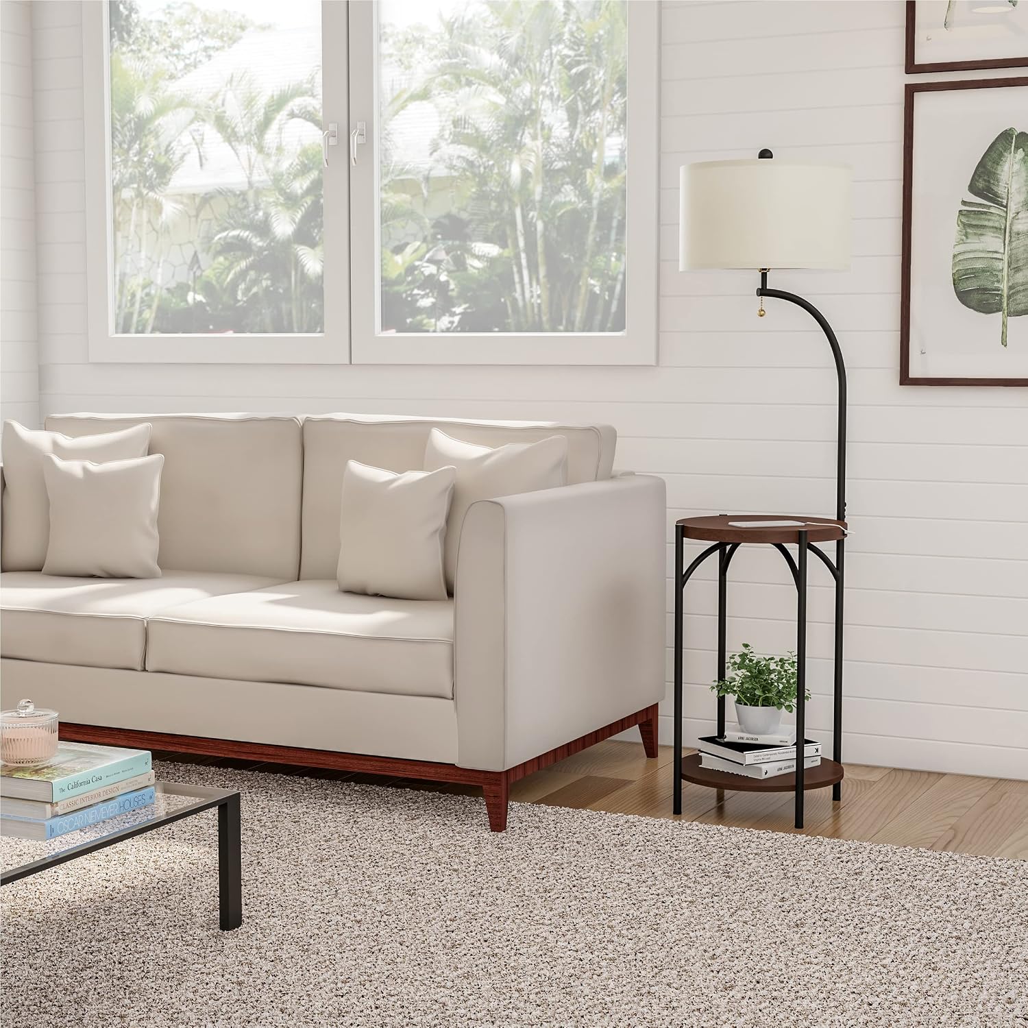 Floor Lamp with End Table - Modern Rustic Side Shelves with USB Charging Port, LED Light Bulb, and Drum-Shaped Shade - Standing Lights by Lavish Home