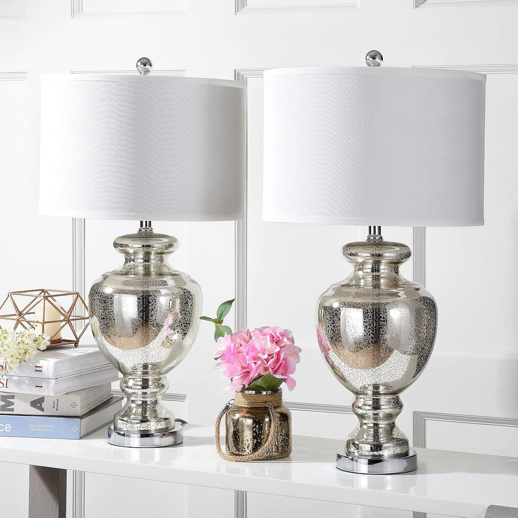 SAFAVIEH Lighting Collection Morocco Mercury Silver Crackle Glass 28-inch Bedroom Living Room Home Office Desk Nightstand Table Lamp Set of 2 (LED Bulbs Included)