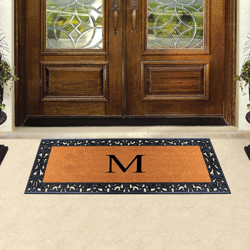 A1HC Natural Coir Doormat for Outside Entrance, Anti-Shed Treated Front Door Mat 30' x 60', Long Lasting Front Porch Entry Matt Monogrammed - M (Plain Black)