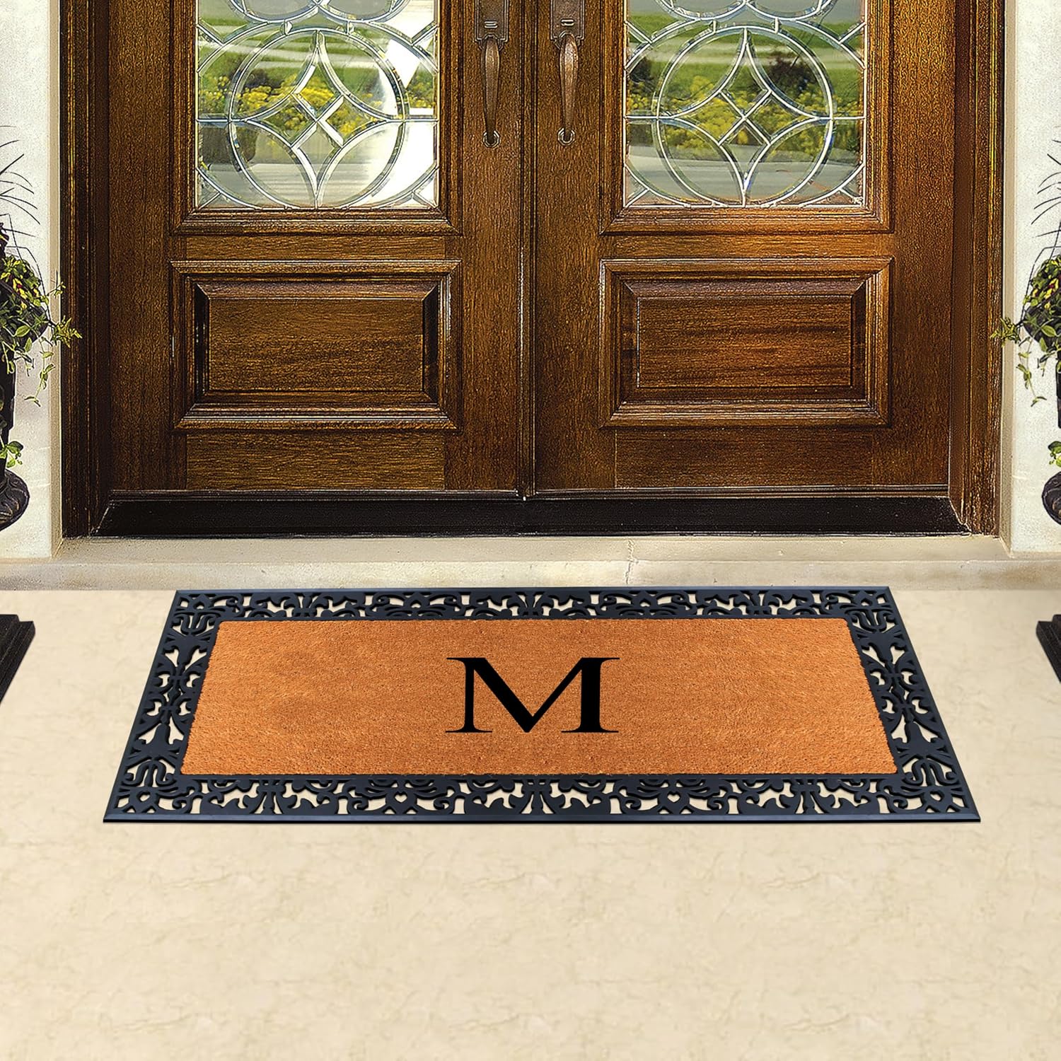 A1HC Natural Coir Doormat for Outside Entrance, Anti-Shed Treated Front Door Mat 30' x 60', Long Lasting Front Porch Entry Matt Monogrammed - M (Plain Black)