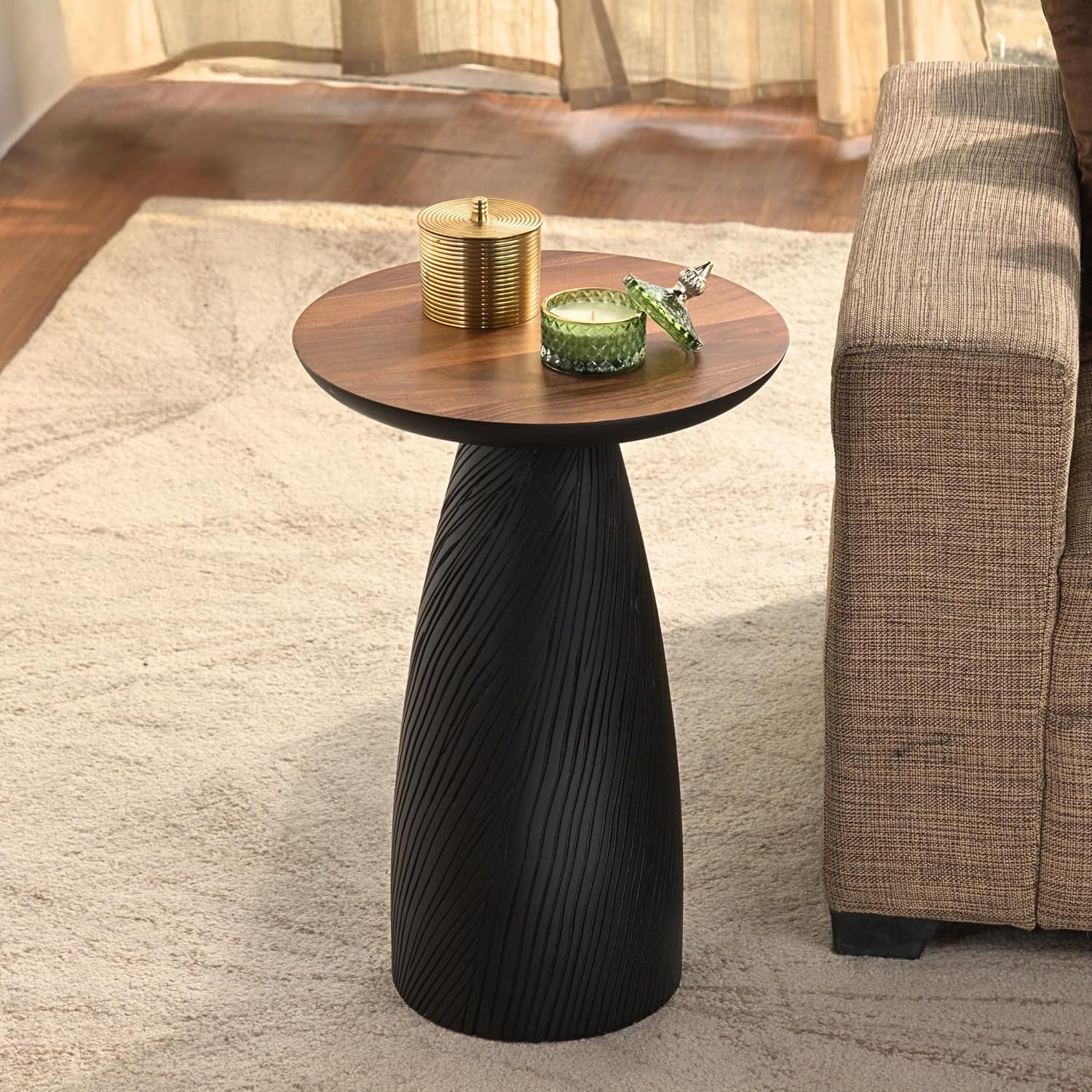 Modern Black & Walnut Wood Accent Table – Handcrafted Drum Pedestal Side Table for Living Room, Bedroom, or Office – Sleek Round Top with Textured Carved Base Black