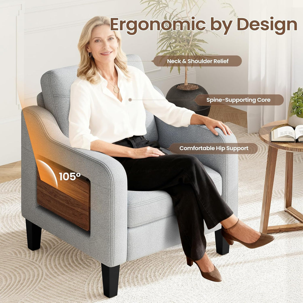 Accent Chair for Living Room Modern Linen Upholstered Armchair Side Wooden Fabric Sofa Chair with Foldable Table 2 Side Pockets Comfy Reading Chair for Bedroom