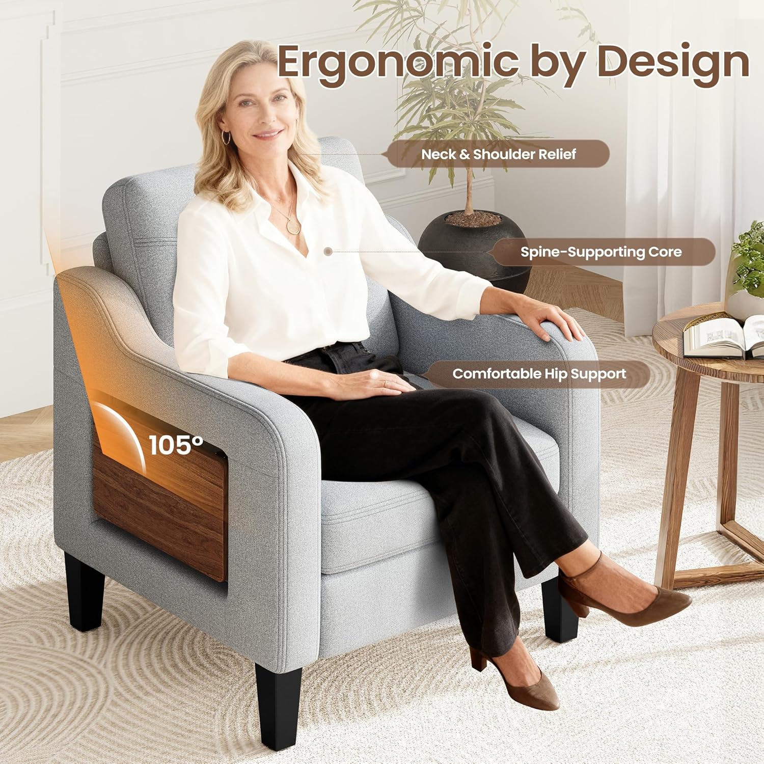 Accent Chair for Living Room Modern Linen Upholstered Armchair Side Wooden Fabric Sofa Chair with Foldable Table 2 Side Pockets Comfy Reading Chair for Bedroom